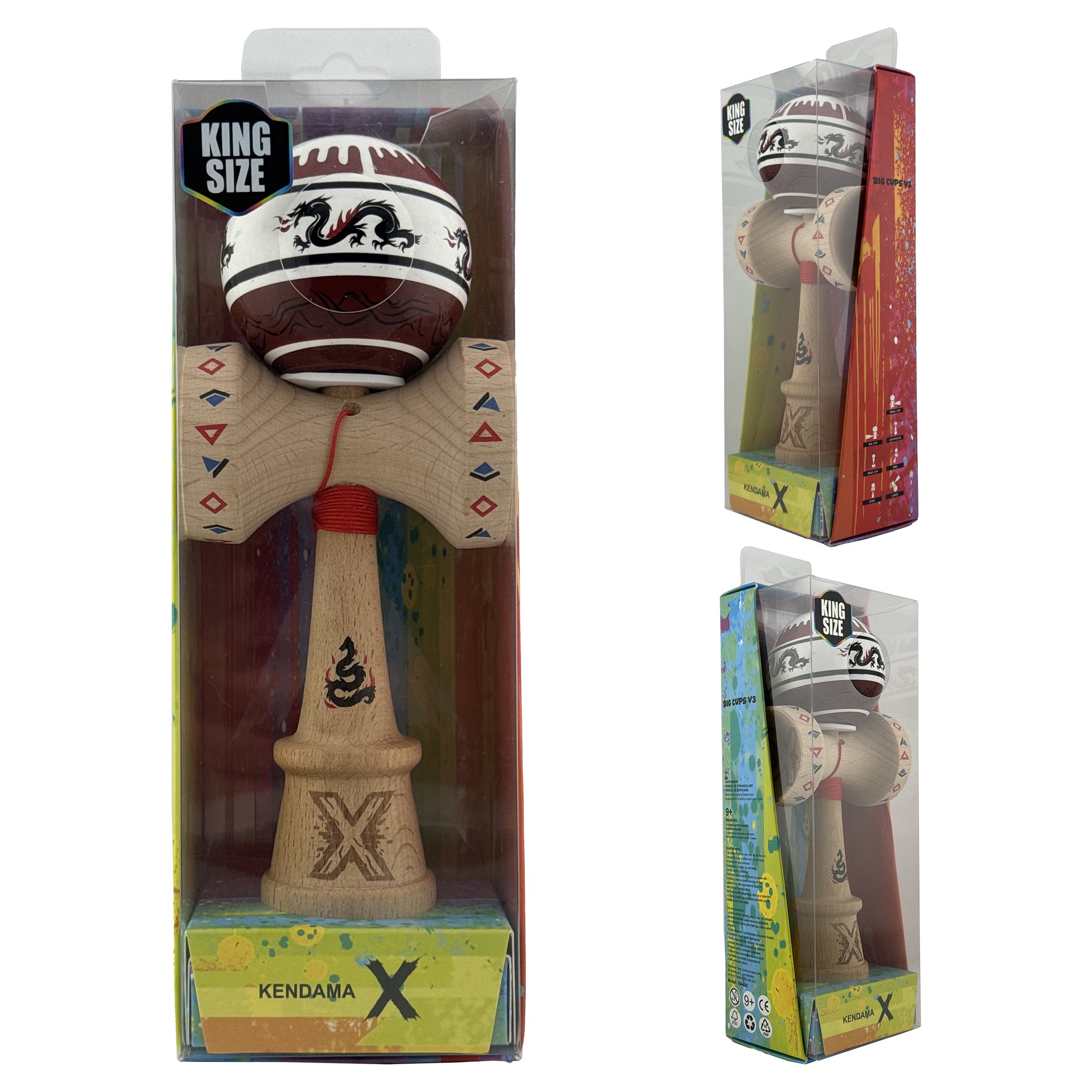 Kendama X Originala, Profesionala, Flippy, DRAGON Series, Super Sticky cu Cupe Mari King Size V3, Rulment Metalic si Gaura in Baza, din Lemn 18 cm, Ata 62/65 cm, Alb/Rosu inchis