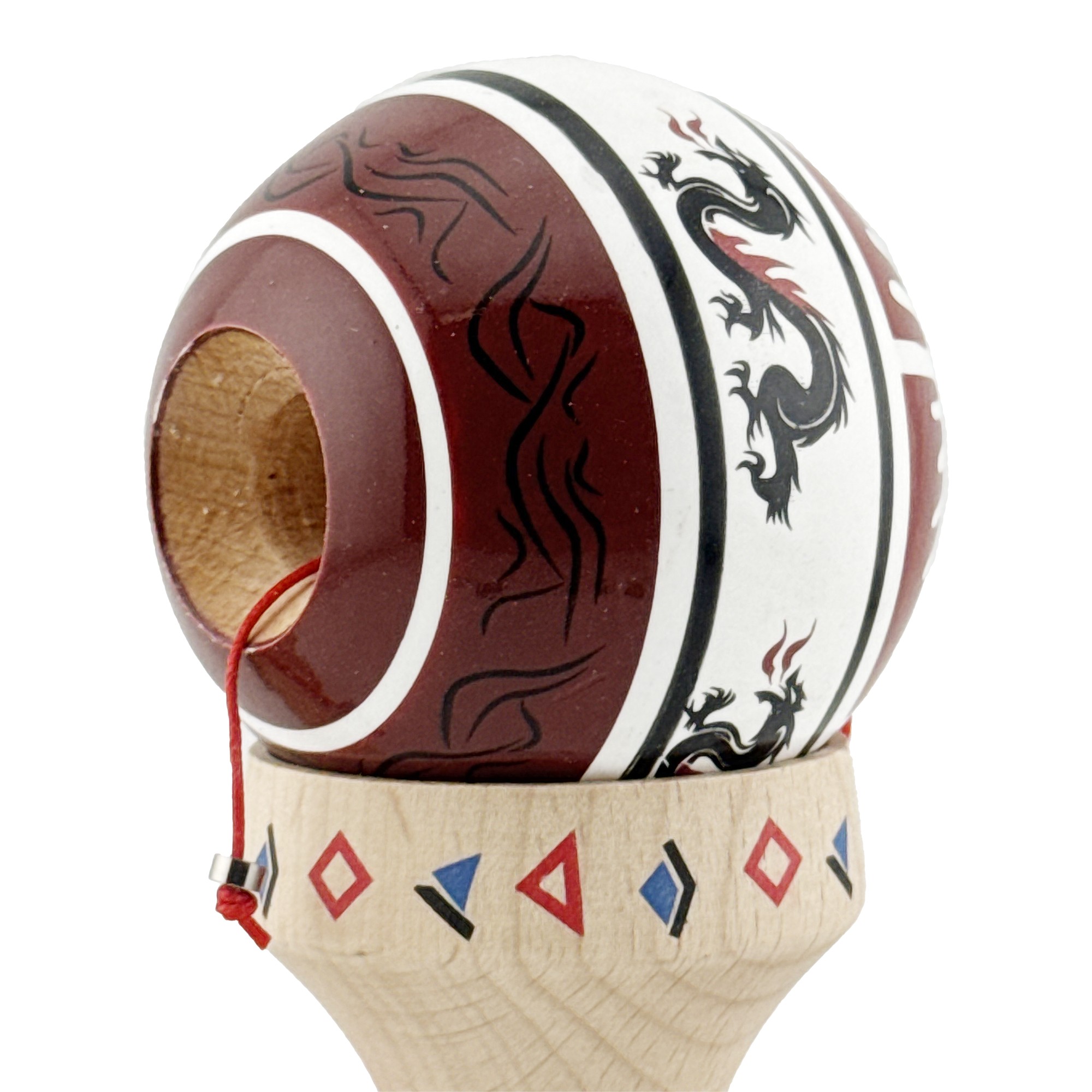 Kendama X Originala, Profesionala, Flippy, DRAGON Series, Super Sticky cu Cupe Mari King Size V3, Rulment Metalic si Gaura in Baza, din Lemn 18 cm, Ata 62/65 cm, Alb/Rosu inchis