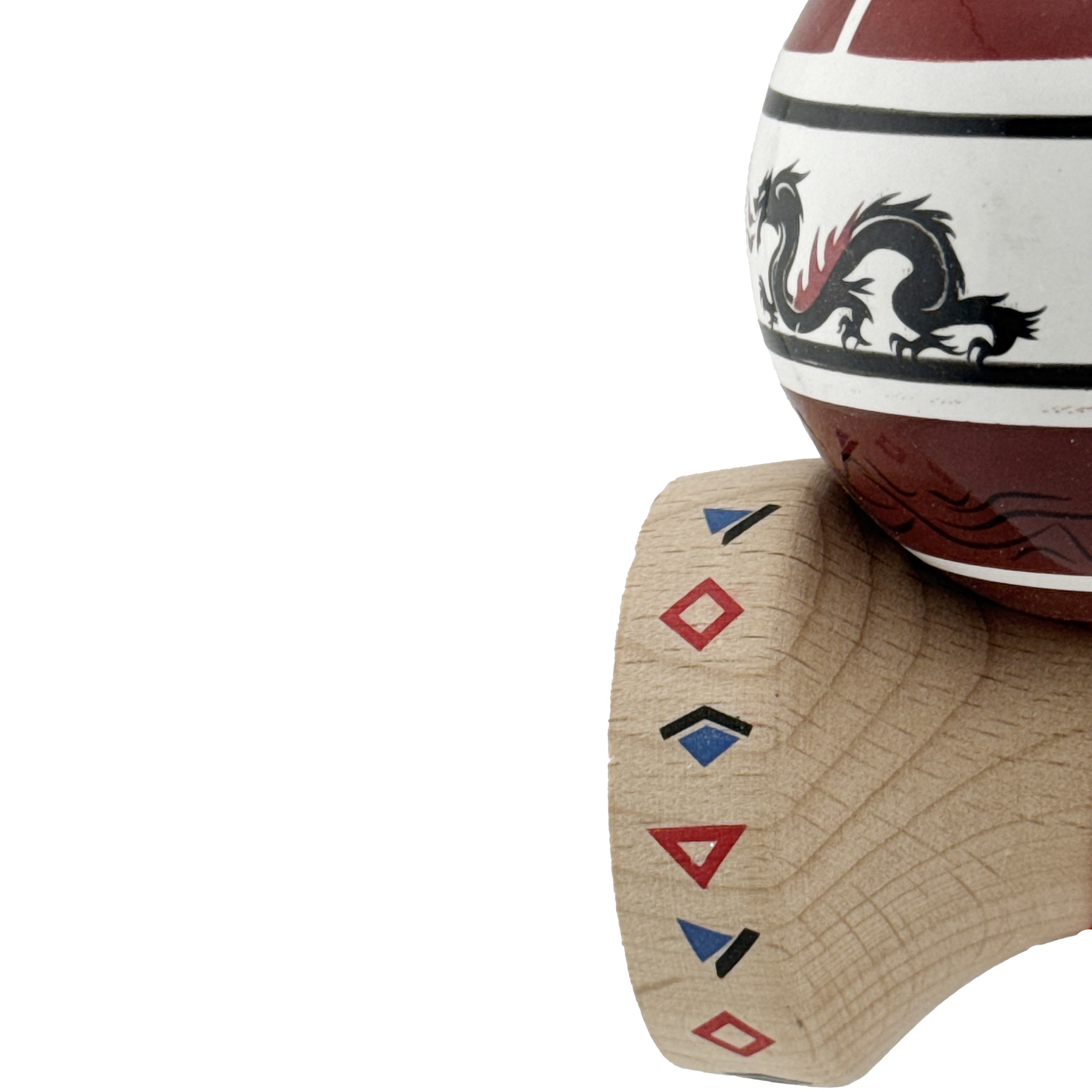 Kendama X Originala, Profesionala, Flippy, DRAGON Series, Super Sticky cu Cupe Mari King Size V3, Rulment Metalic si Gaura in Baza, din Lemn 18 cm, Ata 62/65 cm, Alb/Rosu inchis