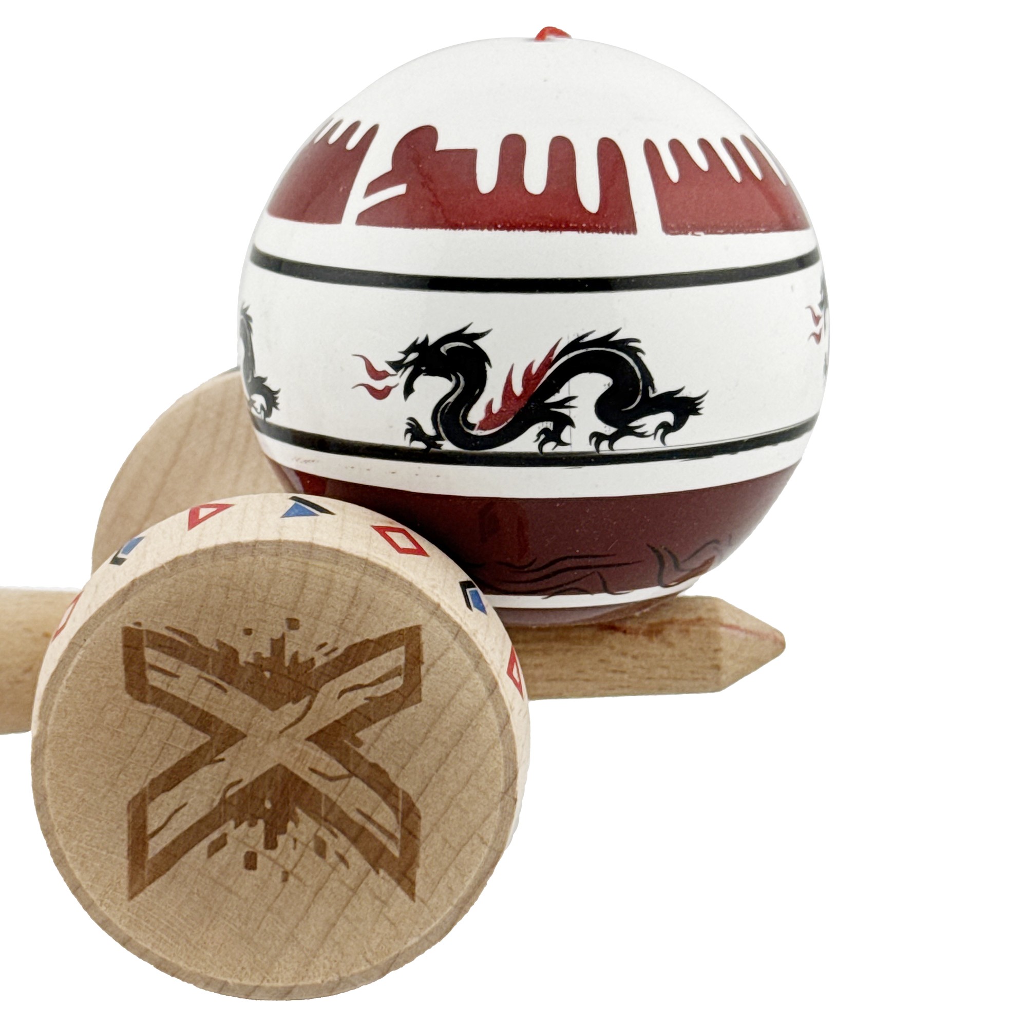 Kendama X Originala, Profesionala, Flippy, DRAGON Series, Super Sticky cu Cupe Mari King Size V3, Rulment Metalic si Gaura in Baza, din Lemn 18 cm, Ata 62/65 cm, Alb/Rosu inchis