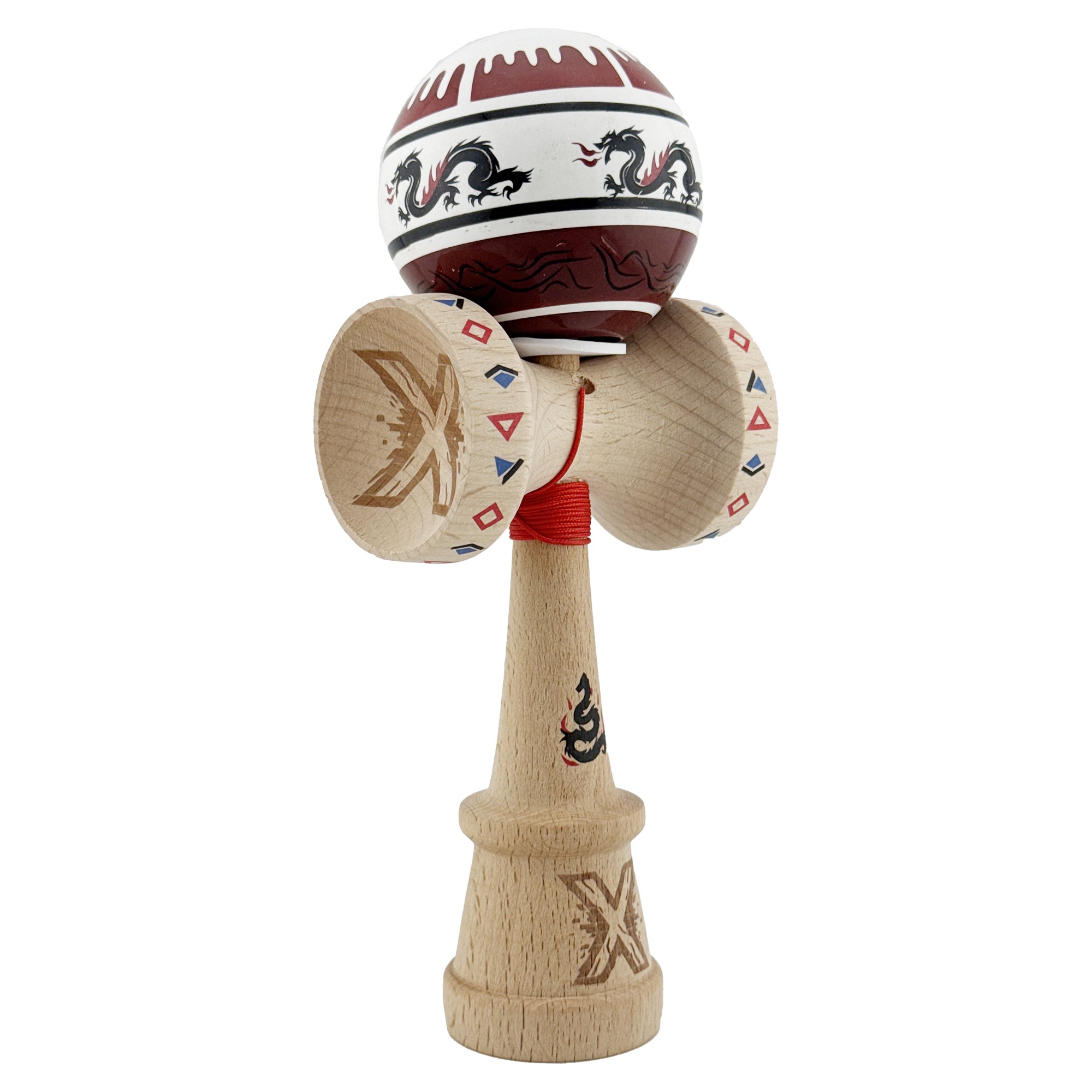 Kendama X Originala, Profesionala, Flippy, DRAGON Series, Super Sticky cu Cupe Mari King Size V3, Rulment Metalic si Gaura in Baza, din Lemn 18 cm, Ata 62/65 cm, Alb/Rosu inchis