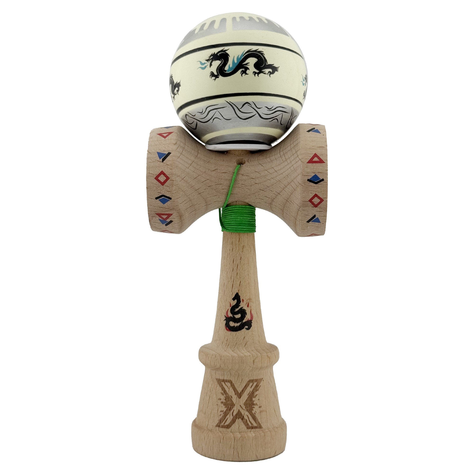 Kendama X Originala, Profesionala, Flippy, DRAGON Series, Super Sticky cu Cupe Mari King Size V3, Rulment Metalic si Gaura in Baza, din Lemn 18 cm, Ata 62/65 cm, Gri/Verde deschis