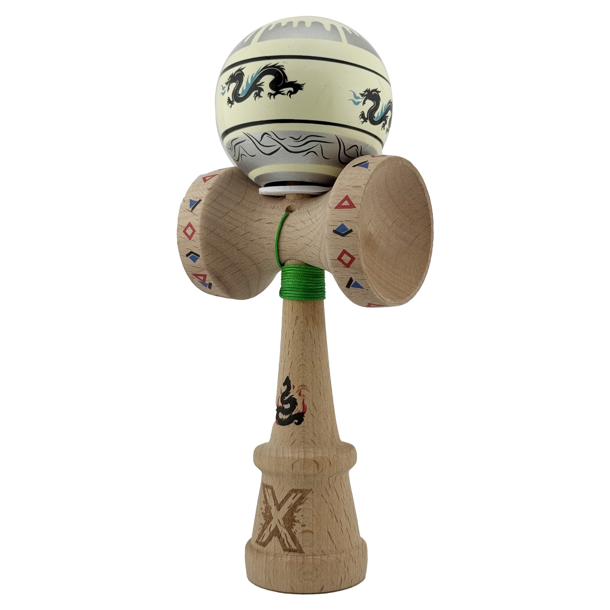 Kendama X Originala, Profesionala, Flippy, DRAGON Series, Super Sticky cu Cupe Mari King Size V3, Rulment Metalic si Gaura in Baza, din Lemn 18 cm, Ata 62/65 cm, Gri/Verde deschis