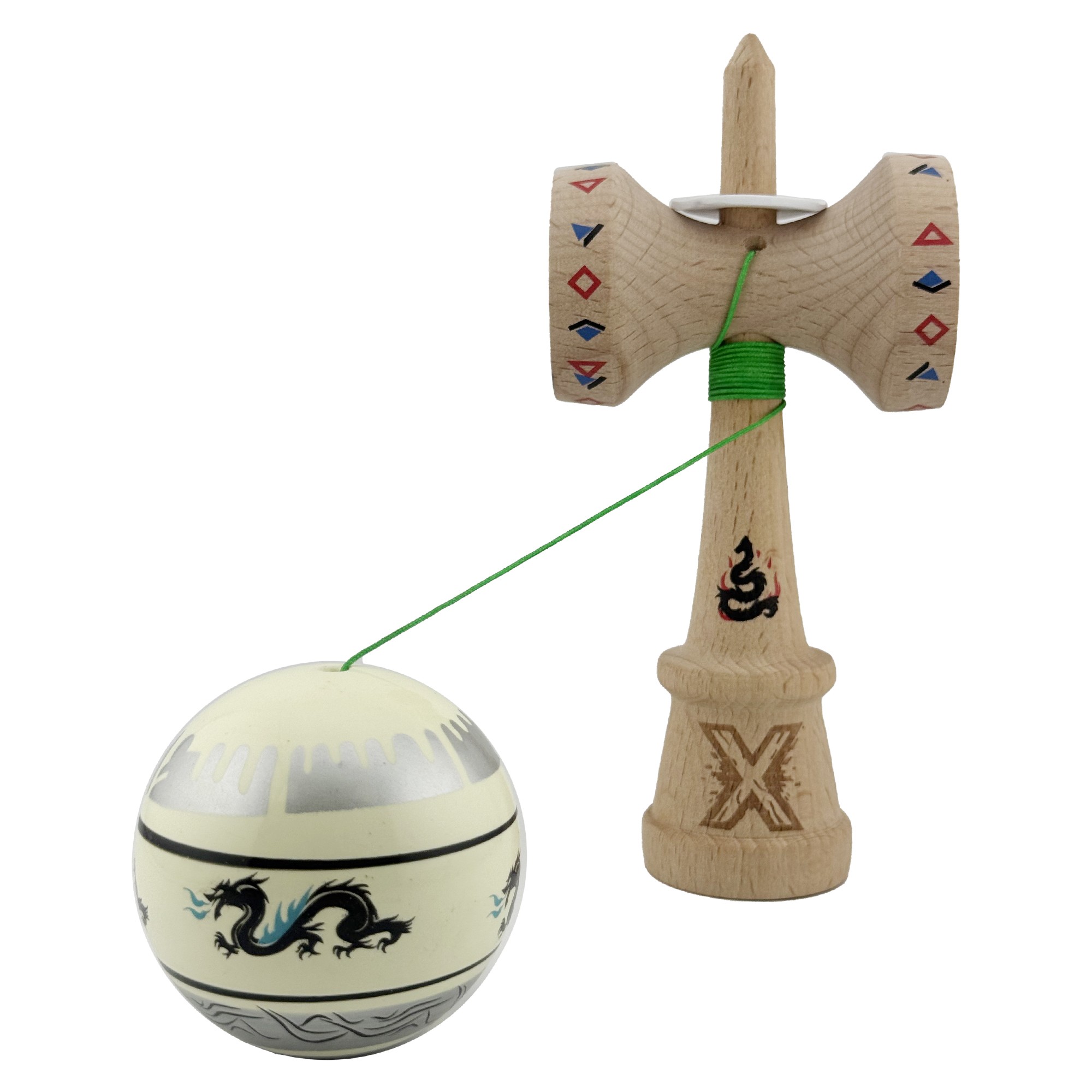 Kendama X Originala, Profesionala, Flippy, DRAGON Series, Super Sticky cu Cupe Mari King Size V3, Rulment Metalic si Gaura in Baza, din Lemn 18 cm, Ata 62/65 cm, Gri/Verde deschis