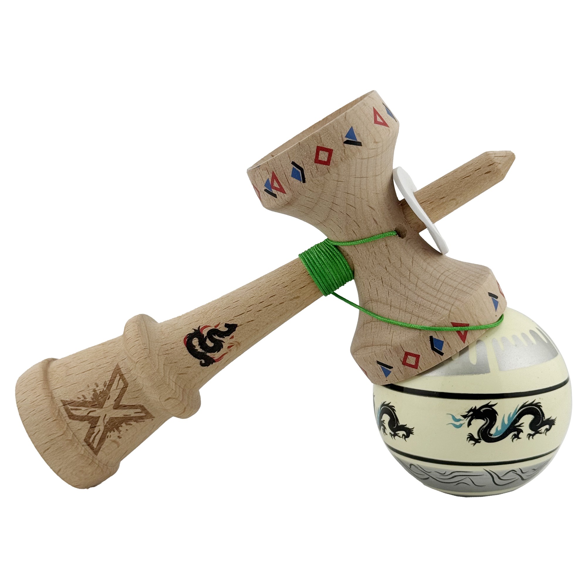 Kendama X Originala, Profesionala, Flippy, DRAGON Series, Super Sticky cu Cupe Mari King Size V3, Rulment Metalic si Gaura in Baza, din Lemn 18 cm, Ata 62/65 cm, Gri/Verde deschis