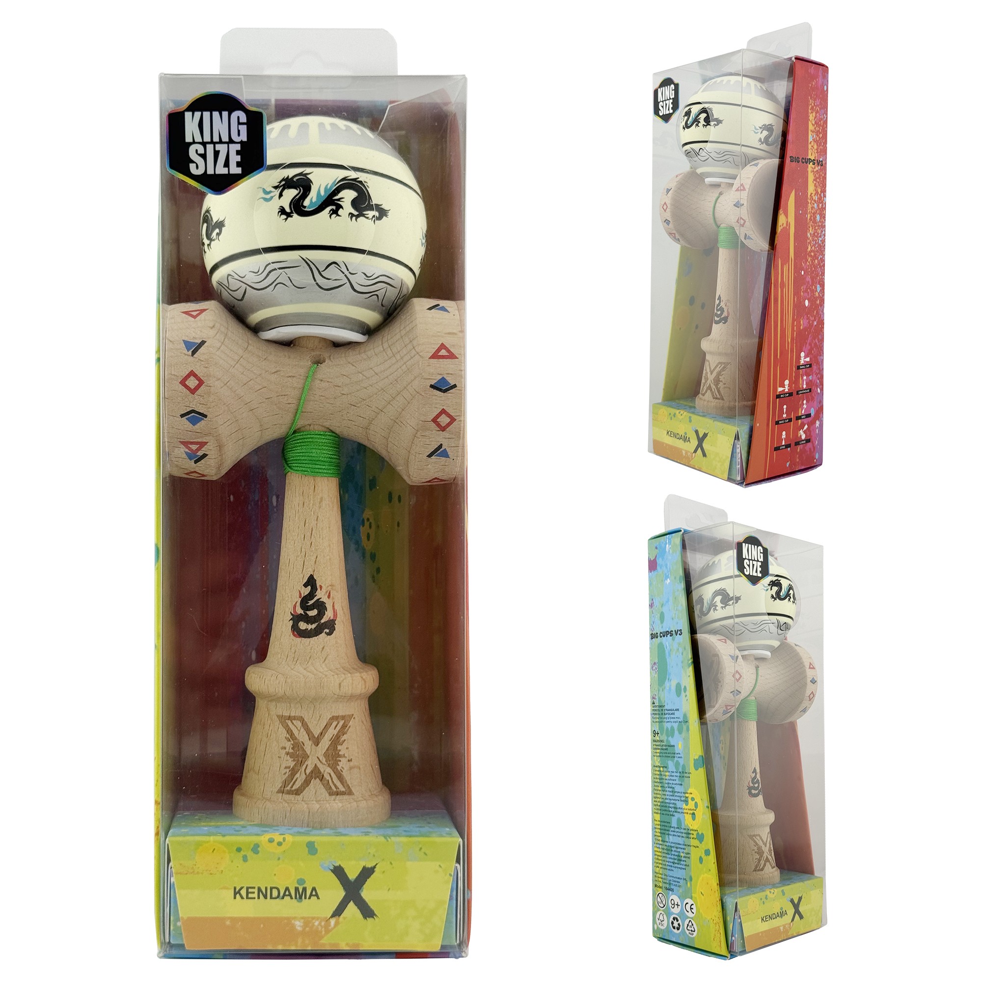 Kendama X Originala, Profesionala, Flippy, DRAGON Series, Super Sticky cu Cupe Mari King Size V3, Rulment Metalic si Gaura in Baza, din Lemn 18 cm, Ata 62/65 cm, Gri/Verde deschis