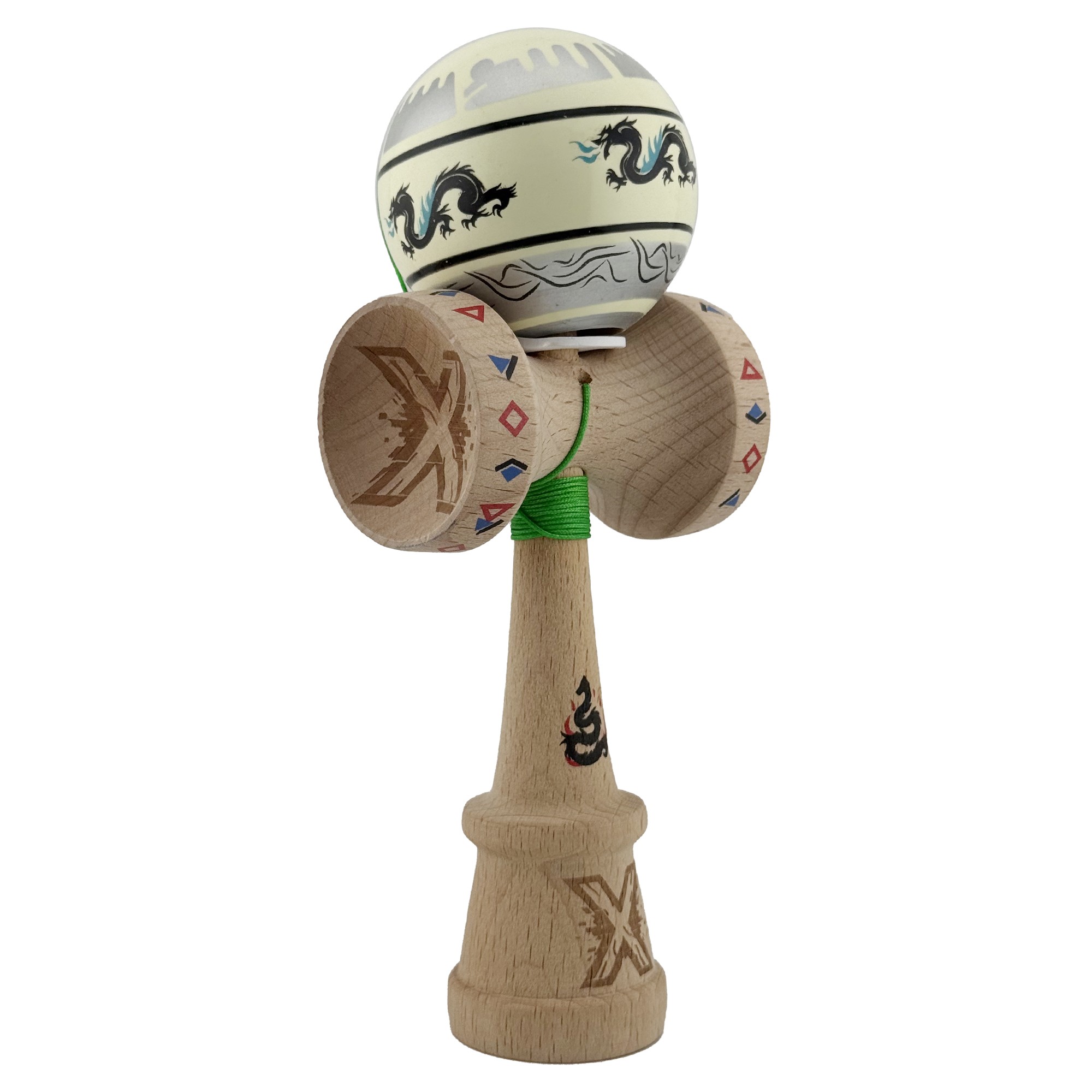 Kendama X Originala, Profesionala, Flippy, DRAGON Series, Super Sticky cu Cupe Mari King Size V3, Rulment Metalic si Gaura in Baza, din Lemn 18 cm, Ata 62/65 cm, Gri/Verde deschis