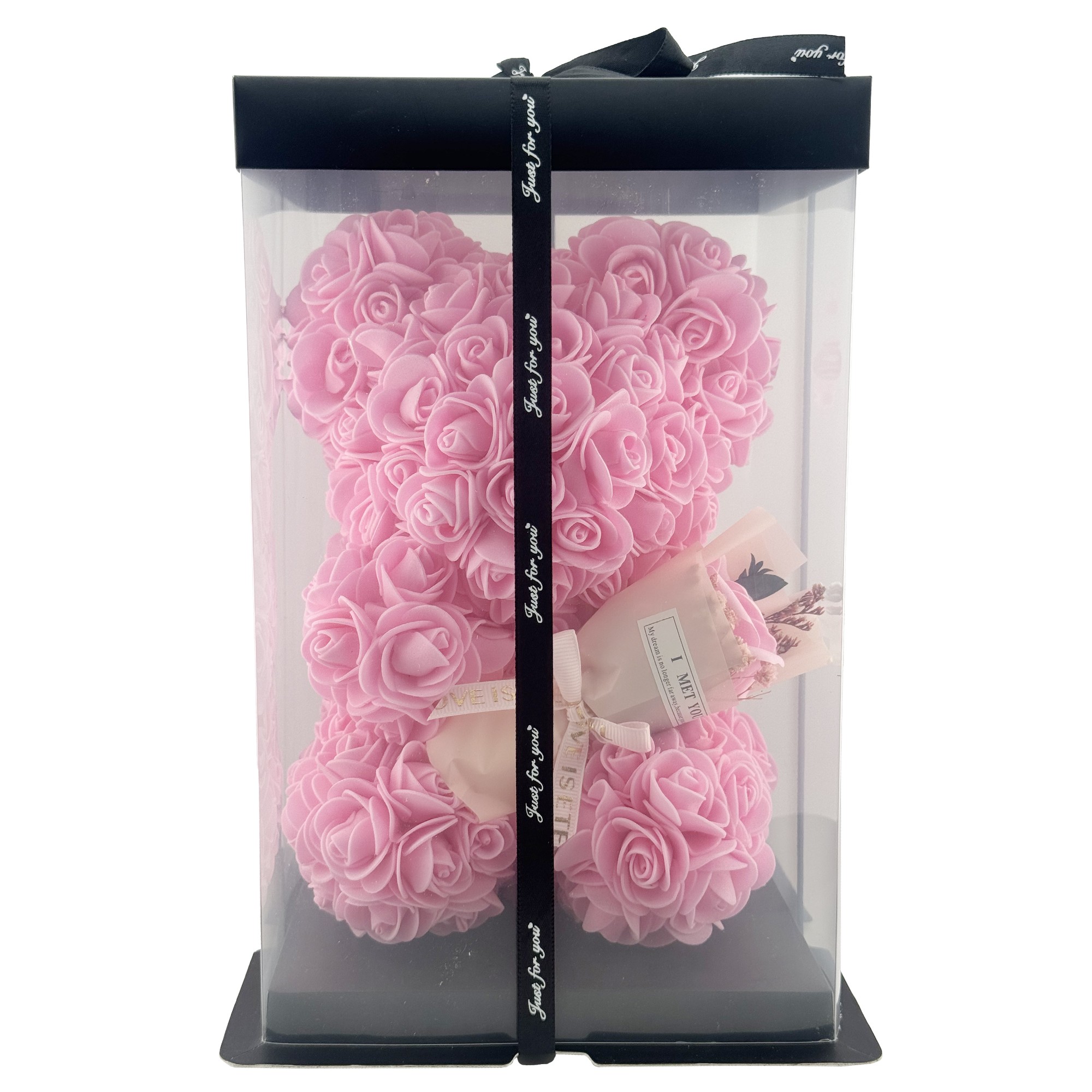 Ursulet din Flori, Flippy, Ursulet din Trandafiri de spuma, Ursuletul 16 x 16 x 23 cm / Cutia Trasparenta 17 x 17 x 25 cm, Roz