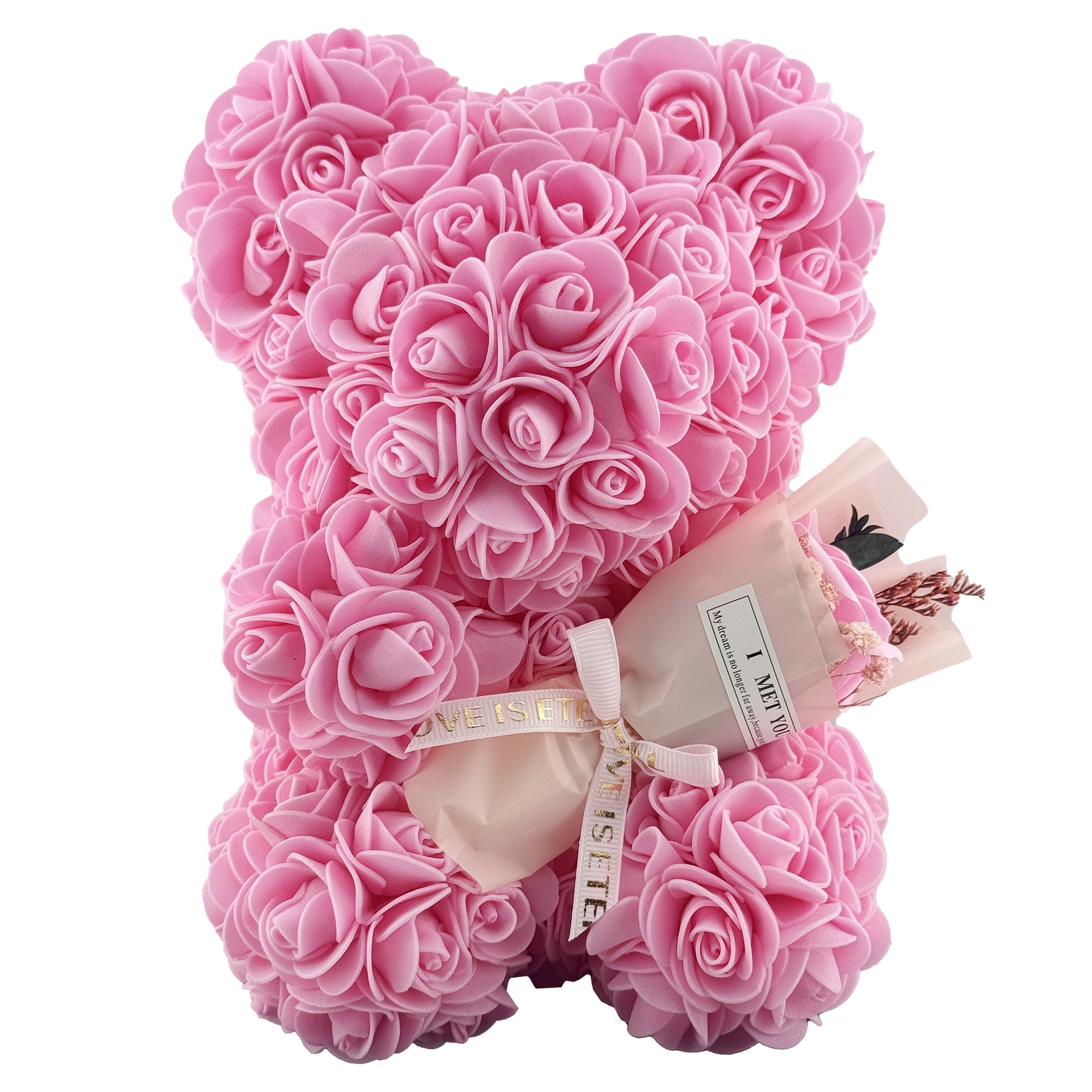 Ursulet din Flori, Flippy, Ursulet din Trandafiri de spuma, Ursuletul 16 x 16 x 23 cm / Cutia Trasparenta 17 x 17 x 25 cm, Roz