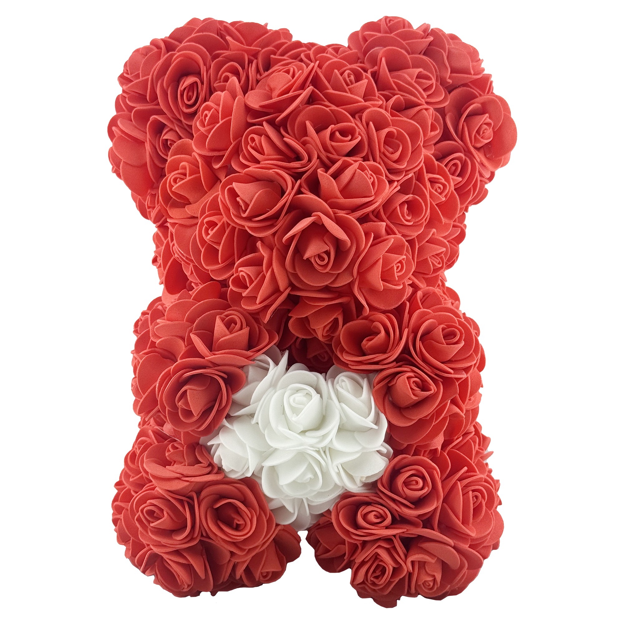 Ursulet din Flori, Flippy, Ursulet din Trandafiri de spuma, Ursuletul 17 x 17 x 23 cm / Cutia Trasparenta 19 x 19 x 28 cm, Rosu