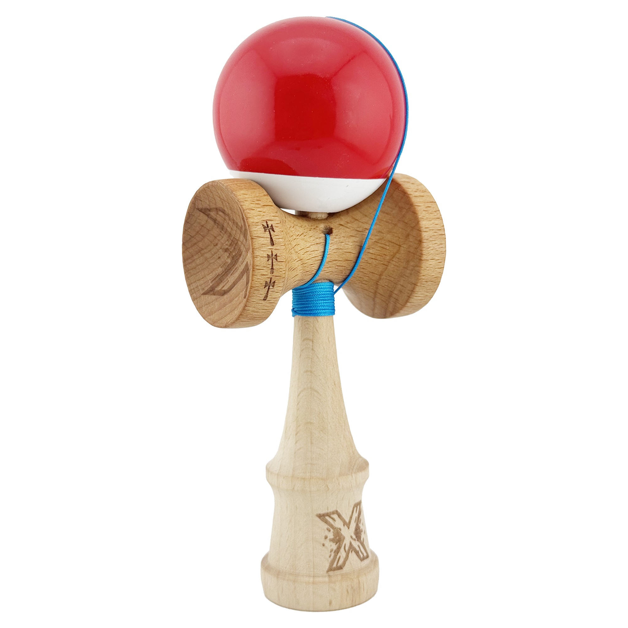 Kendama X Originala, Profesionala, Flippy, Big Cups V2, Super Sticky cu Cupe Mari, din lemn 18 cm, Rulment Metalic cu Ata 55 cm, Rosu/Alb