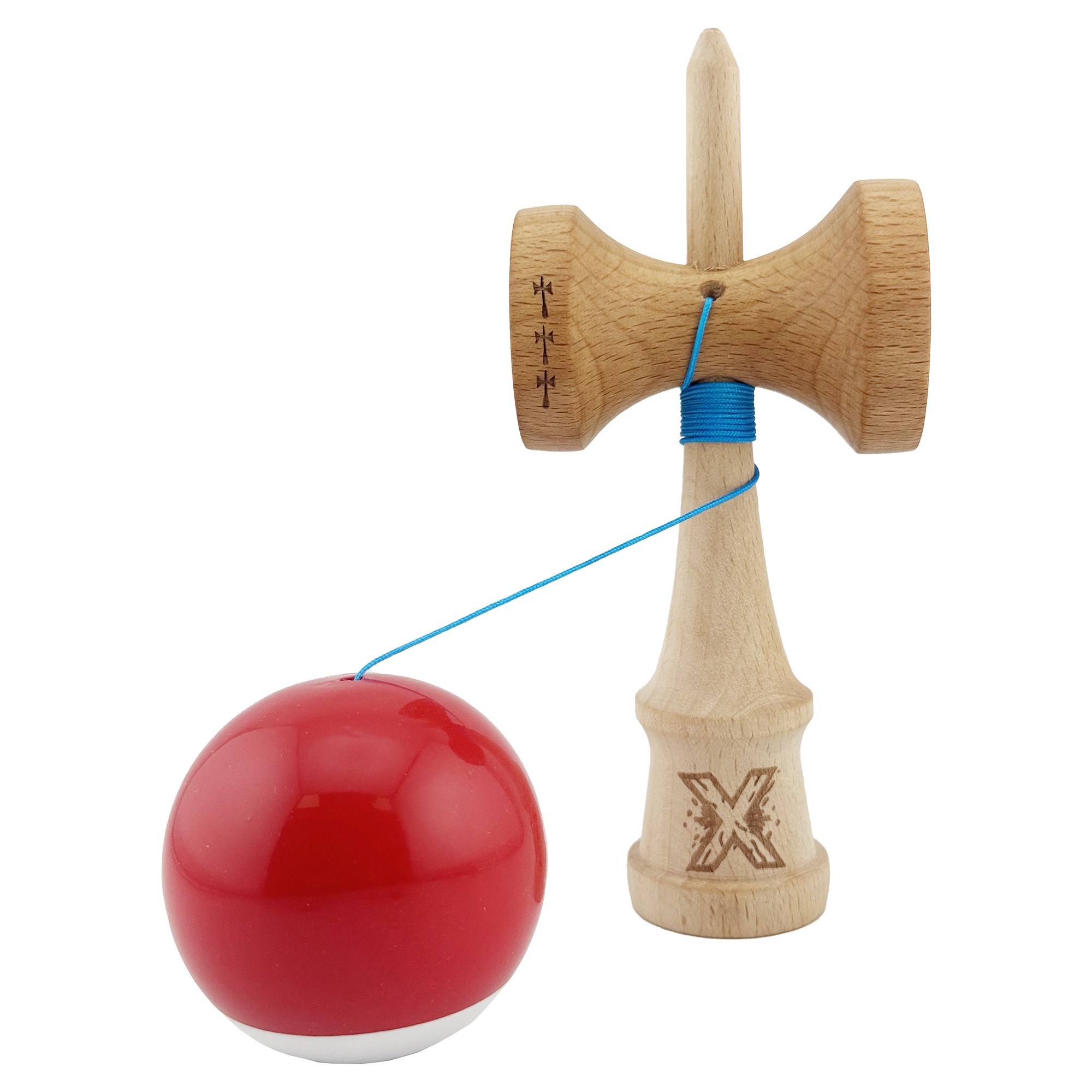 Kendama X Originala, Profesionala, Flippy, Big Cups V2, Super Sticky cu Cupe Mari, din lemn 18 cm, Rulment Metalic cu Ata 55 cm, Rosu/Alb