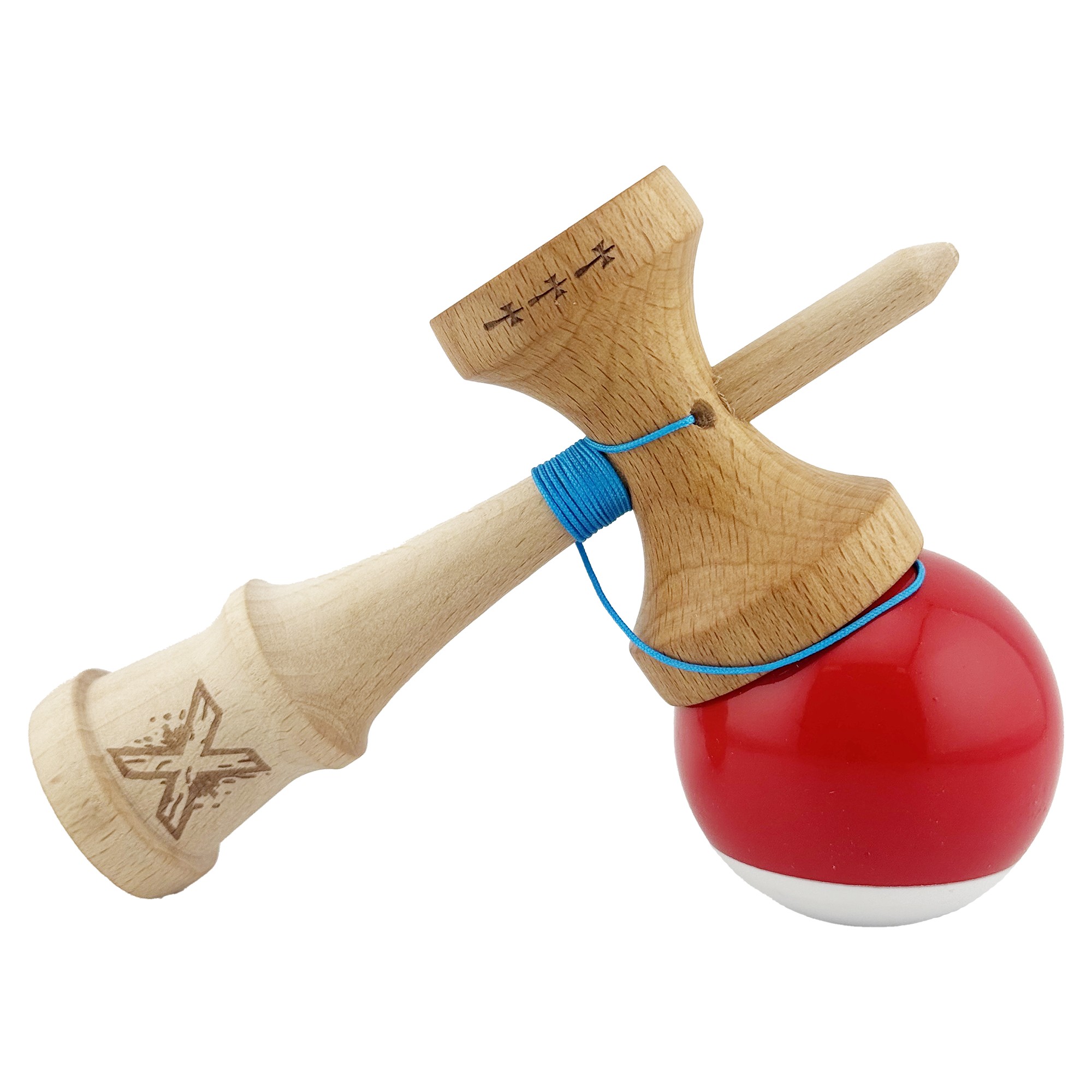 Kendama X Originala, Profesionala, Flippy, Big Cups V2, Super Sticky cu Cupe Mari, din lemn 18 cm, Rulment Metalic cu Ata 55 cm, Rosu/Alb