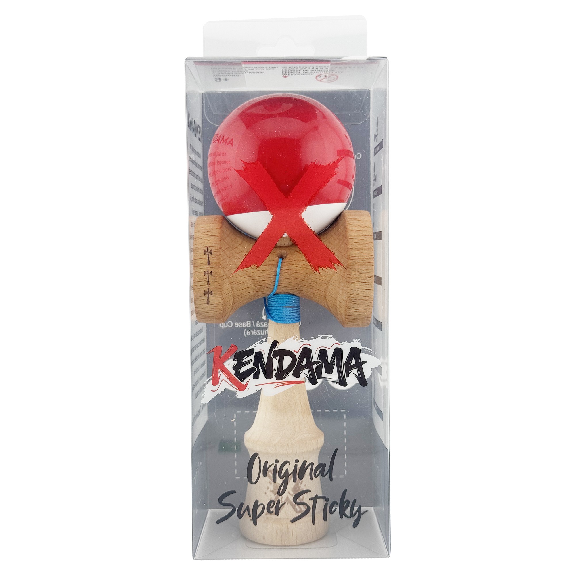 Kendama X Originala, Profesionala, Flippy, Big Cups V2, Super Sticky cu Cupe Mari, din lemn 18 cm, Rulment Metalic cu Ata 55 cm, Rosu/Alb