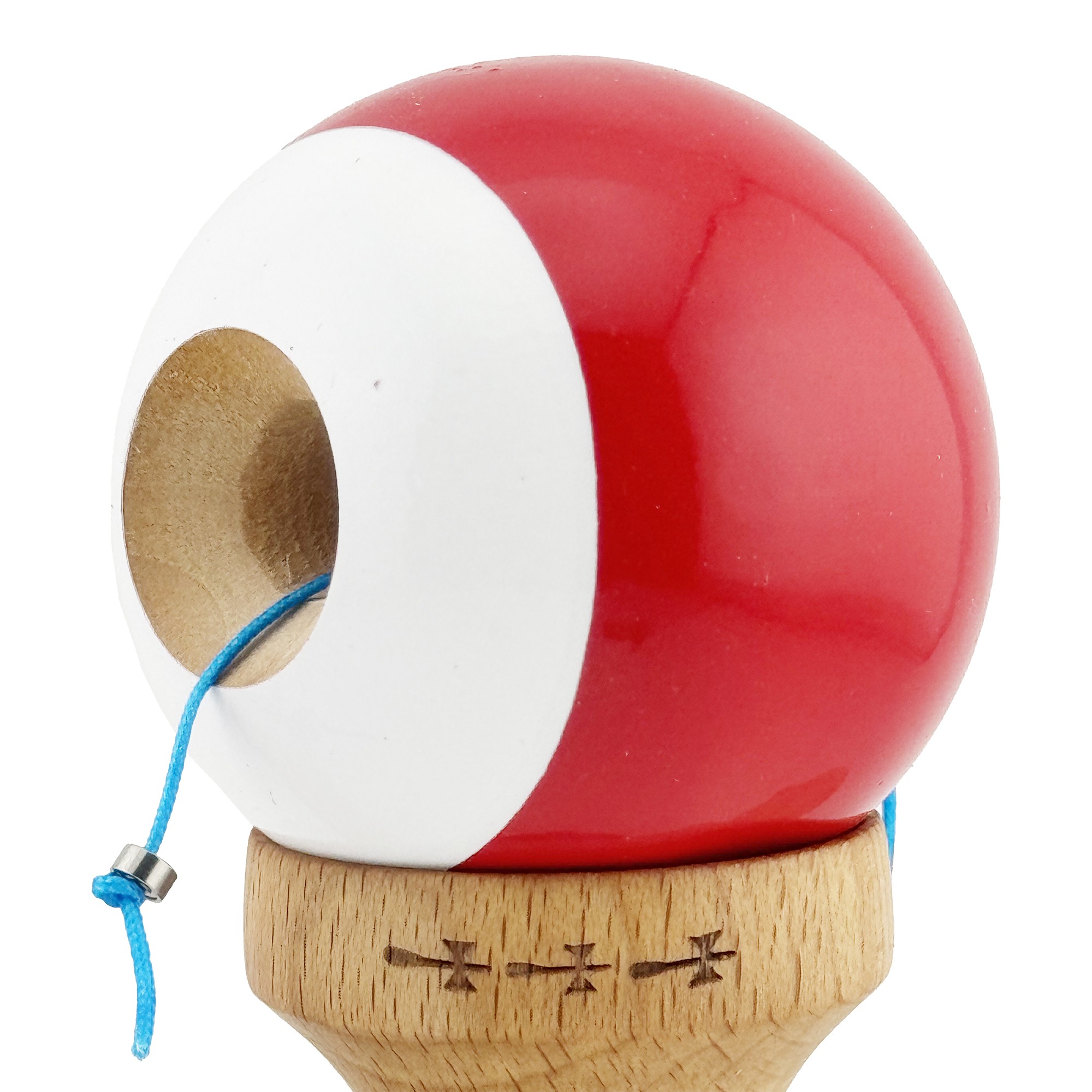 Kendama X Originala, Profesionala, Flippy, Big Cups V2, Super Sticky cu Cupe Mari, din lemn 18 cm, Rulment Metalic cu Ata 55 cm, Rosu/Alb