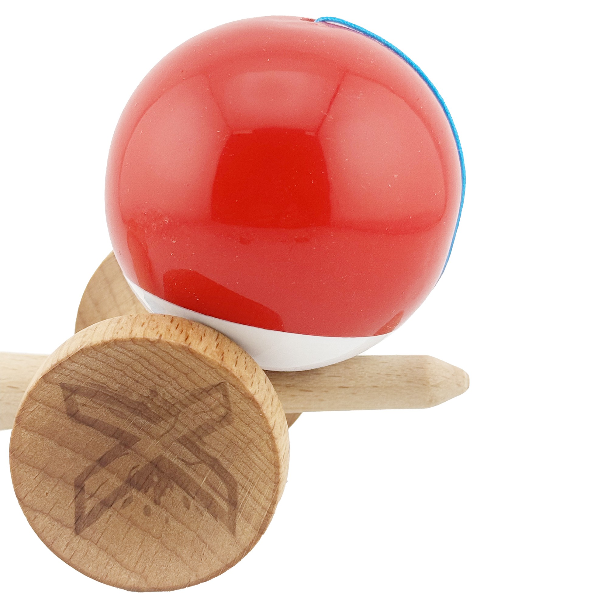 Kendama X Originala, Profesionala, Flippy, Big Cups V2, Super Sticky cu Cupe Mari, din lemn 18 cm, Rulment Metalic cu Ata 55 cm, Rosu/Alb
