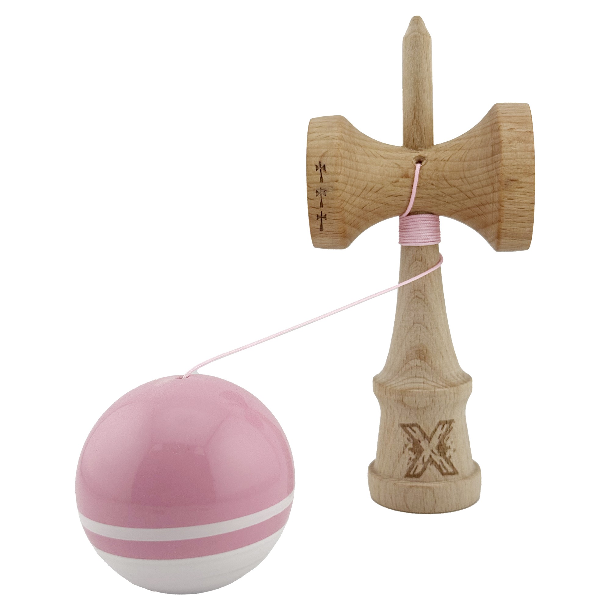 Kendama X Originala, Profesionala, Flippy, Big Cups V2, Super Sticky cu Cupe Mari, din lemn 18 cm, Rulment Metalic cu Ata 55 cm, Roz/Alb