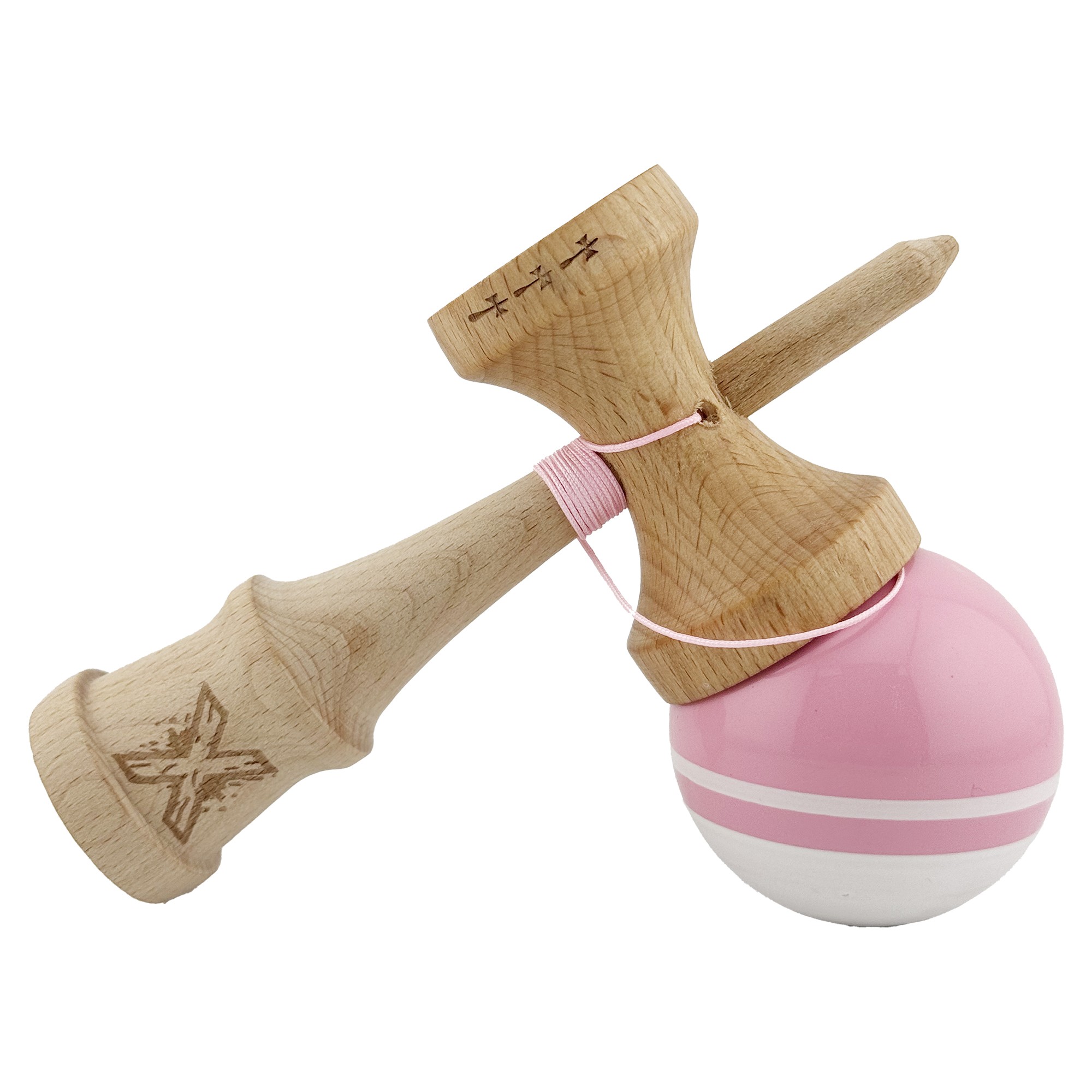Kendama X Originala, Profesionala, Flippy, Big Cups V2, Super Sticky cu Cupe Mari, din lemn 18 cm, Rulment Metalic cu Ata 55 cm, Roz/Alb