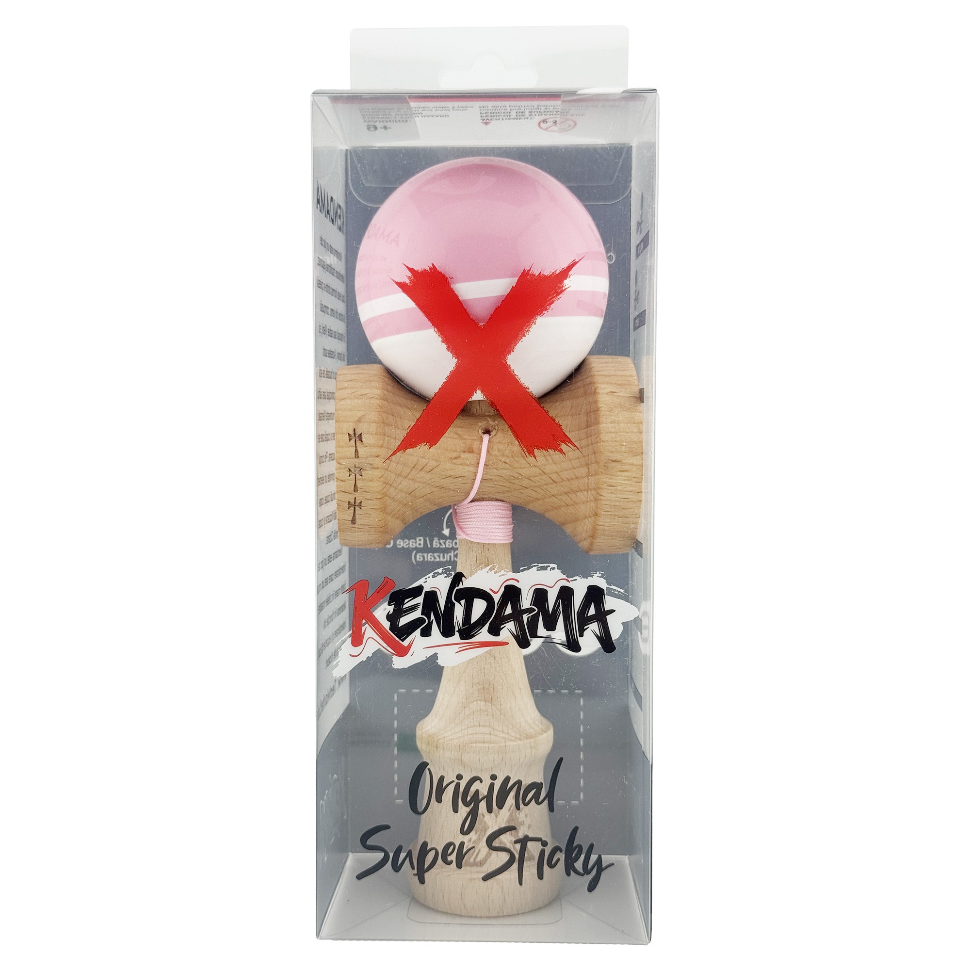 Kendama X Originala, Profesionala, Flippy, Big Cups V2, Super Sticky cu Cupe Mari, din lemn 18 cm, Rulment Metalic cu Ata 55 cm, Roz/Alb
