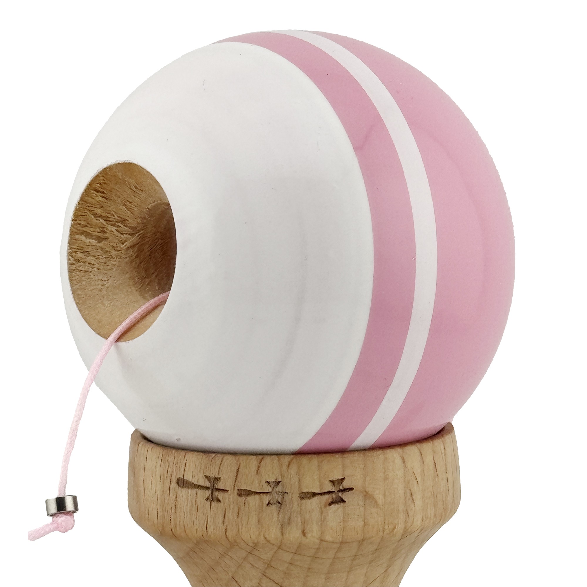 Kendama X Originala, Profesionala, Flippy, Big Cups V2, Super Sticky cu Cupe Mari, din lemn 18 cm, Rulment Metalic cu Ata 55 cm, Roz/Alb