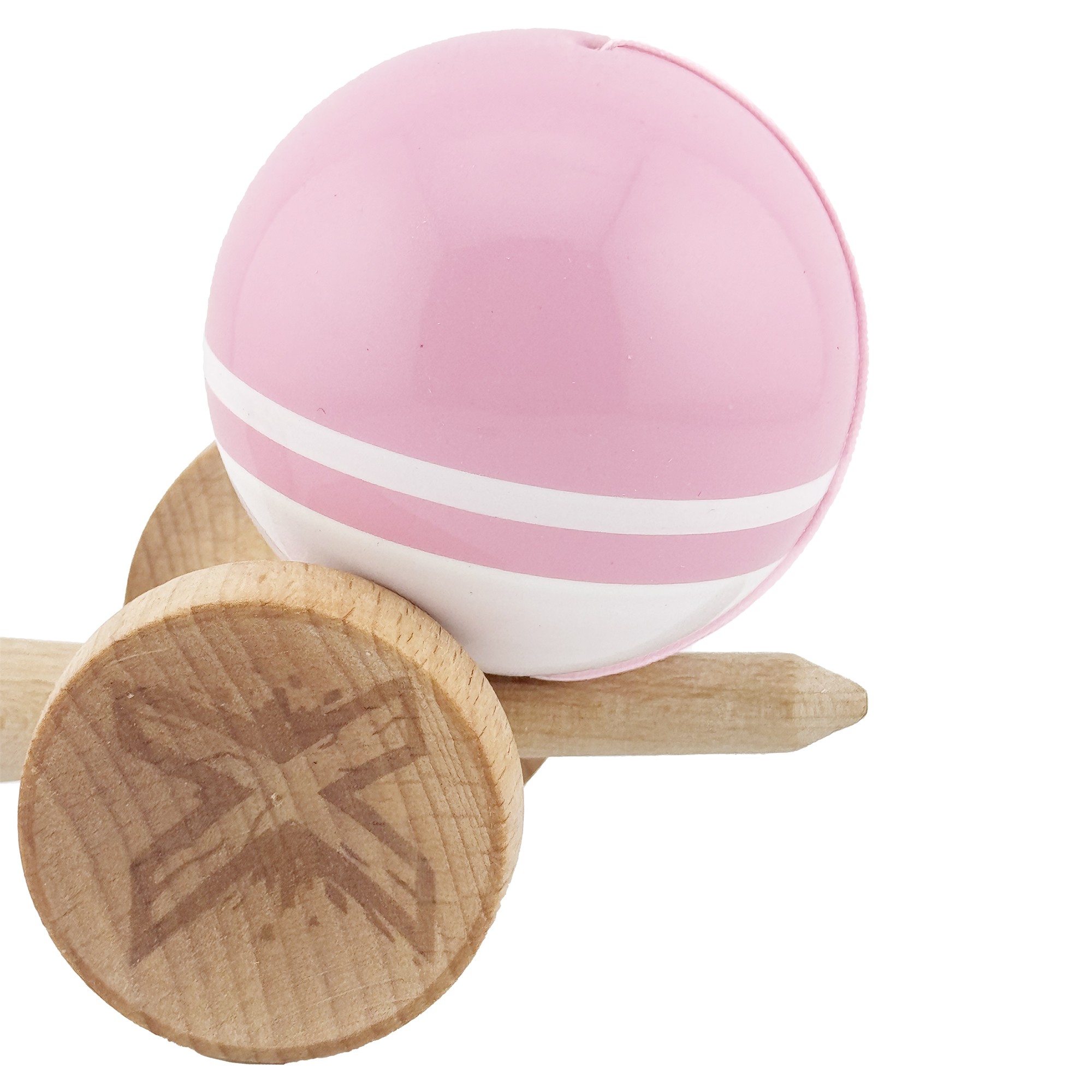 Kendama X Originala, Profesionala, Flippy, Big Cups V2, Super Sticky cu Cupe Mari, din lemn 18 cm, Rulment Metalic cu Ata 55 cm, Roz/Alb