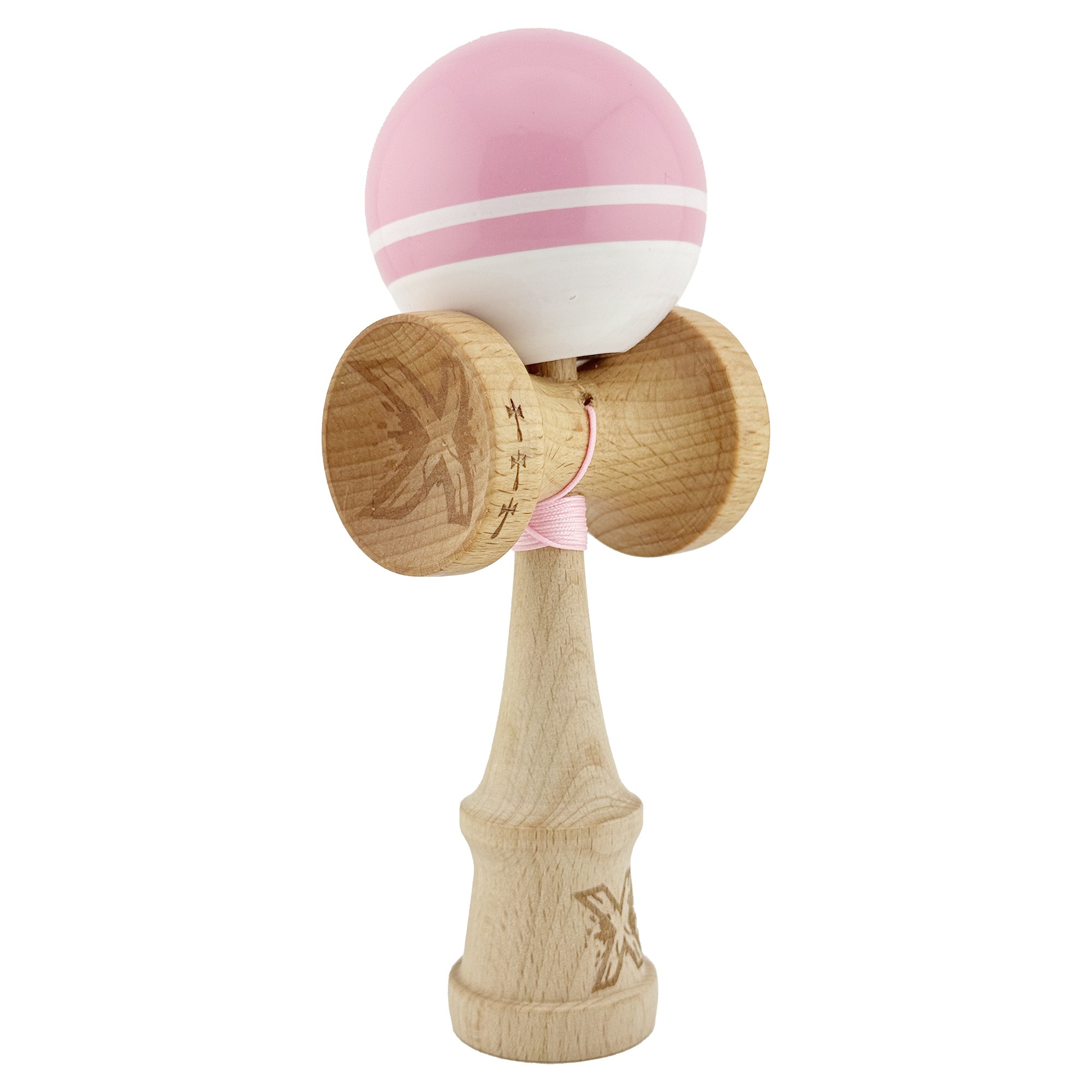 Kendama X Originala, Profesionala, Flippy, Big Cups V2, Super Sticky cu Cupe Mari, din lemn 18 cm, Rulment Metalic cu Ata 55 cm, Roz/Alb
