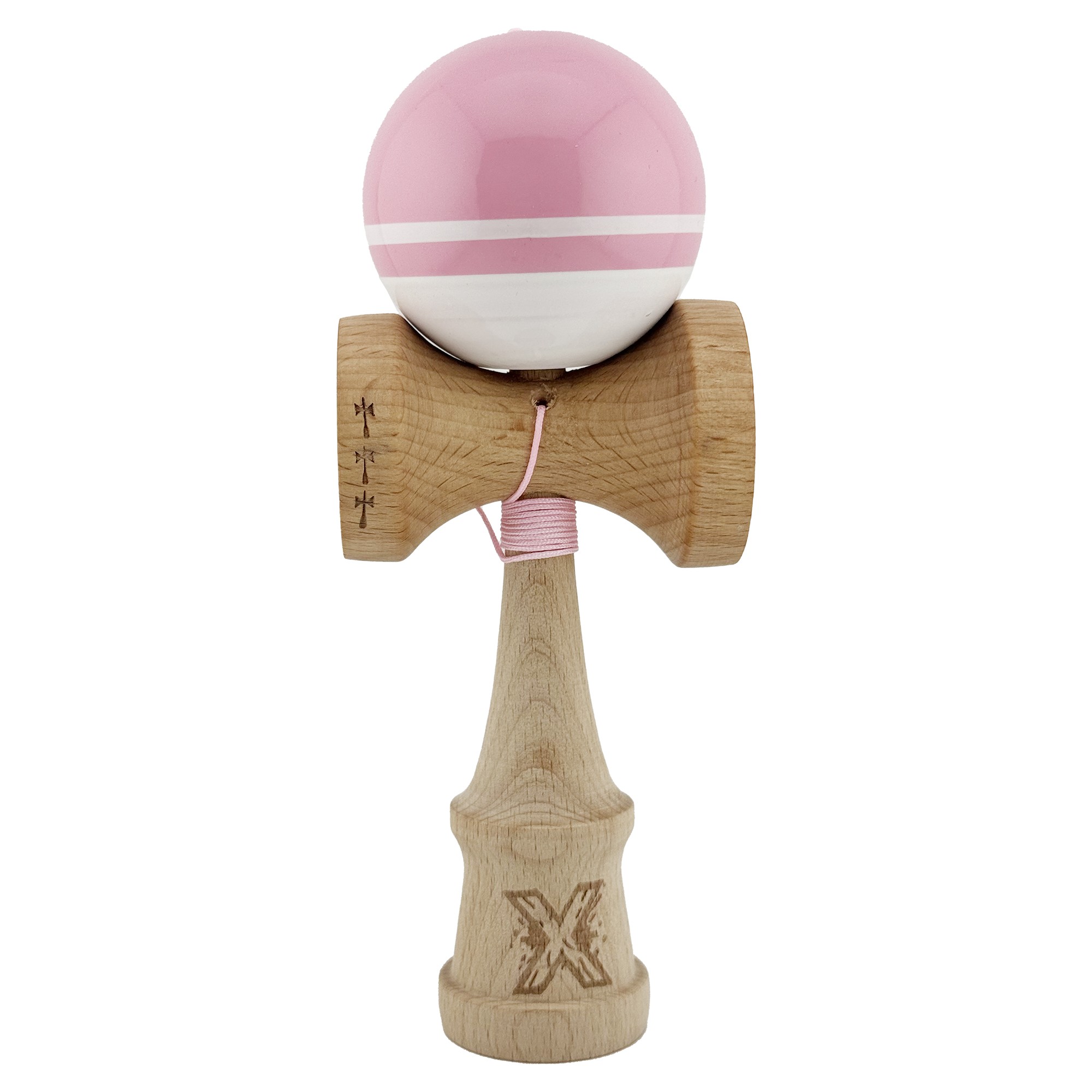 Kendama X Originala, Profesionala, Flippy, Big Cups V2, Super Sticky cu Cupe Mari, din lemn 18 cm, Rulment Metalic cu Ata 55 cm, Roz/Alb