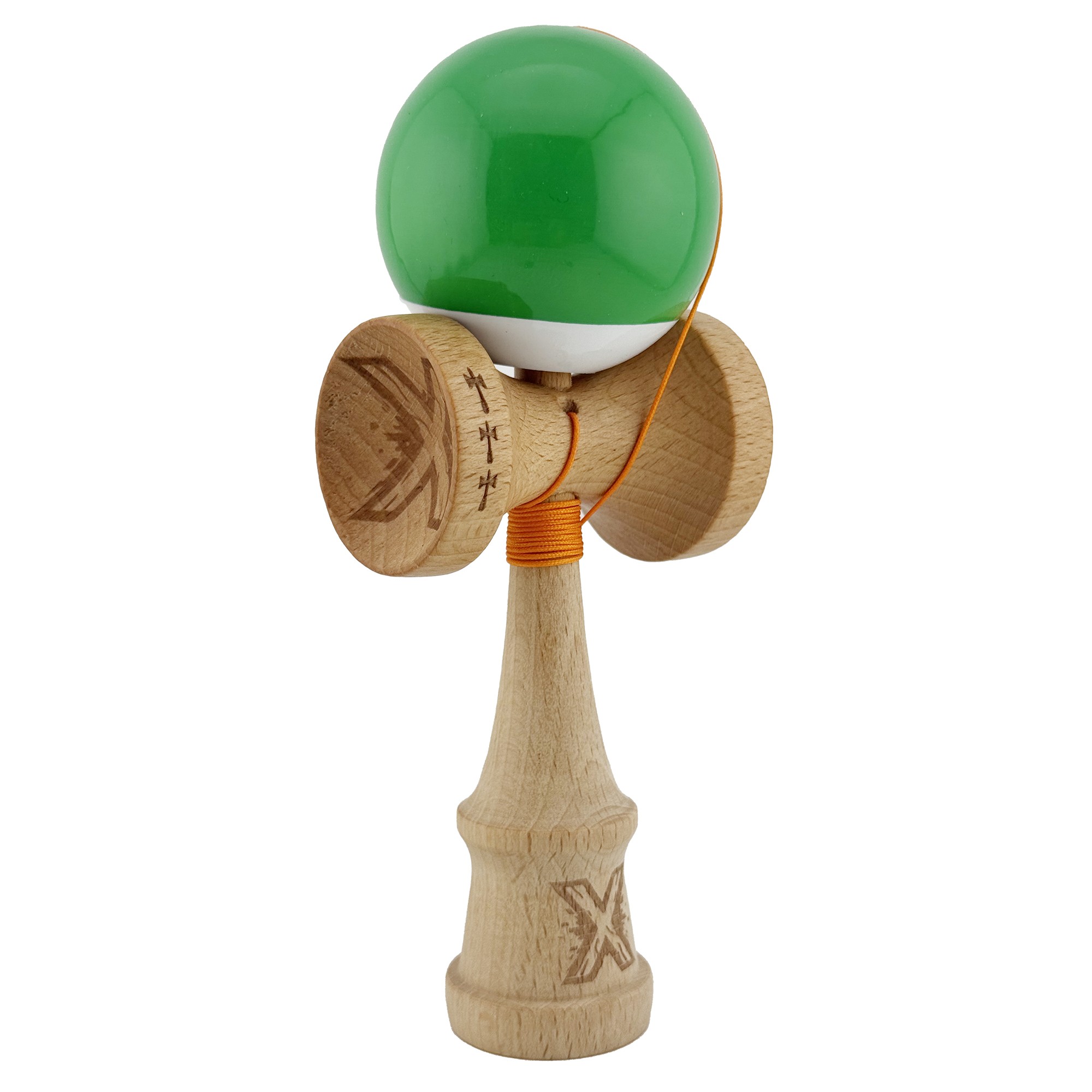 Kendama X Originala, Profesionala, Flippy, Big Cups V2, Super Sticky cu Cupe Mari, din lemn 18 cm, Rulment Metalic cu Ata 55 cm, Verde/Alb