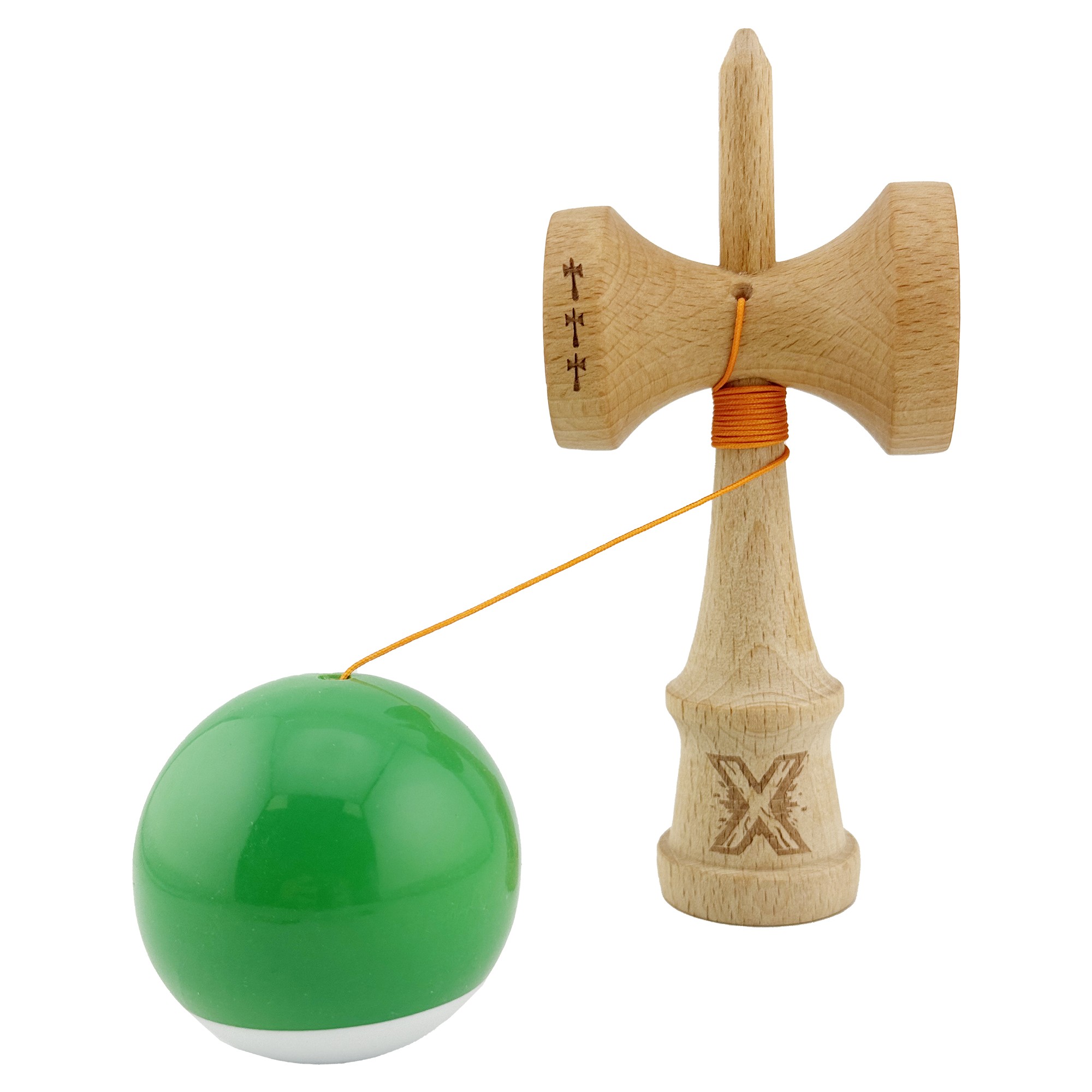 Kendama X Originala, Profesionala, Flippy, Big Cups V2, Super Sticky cu Cupe Mari, din lemn 18 cm, Rulment Metalic cu Ata 55 cm, Verde/Alb