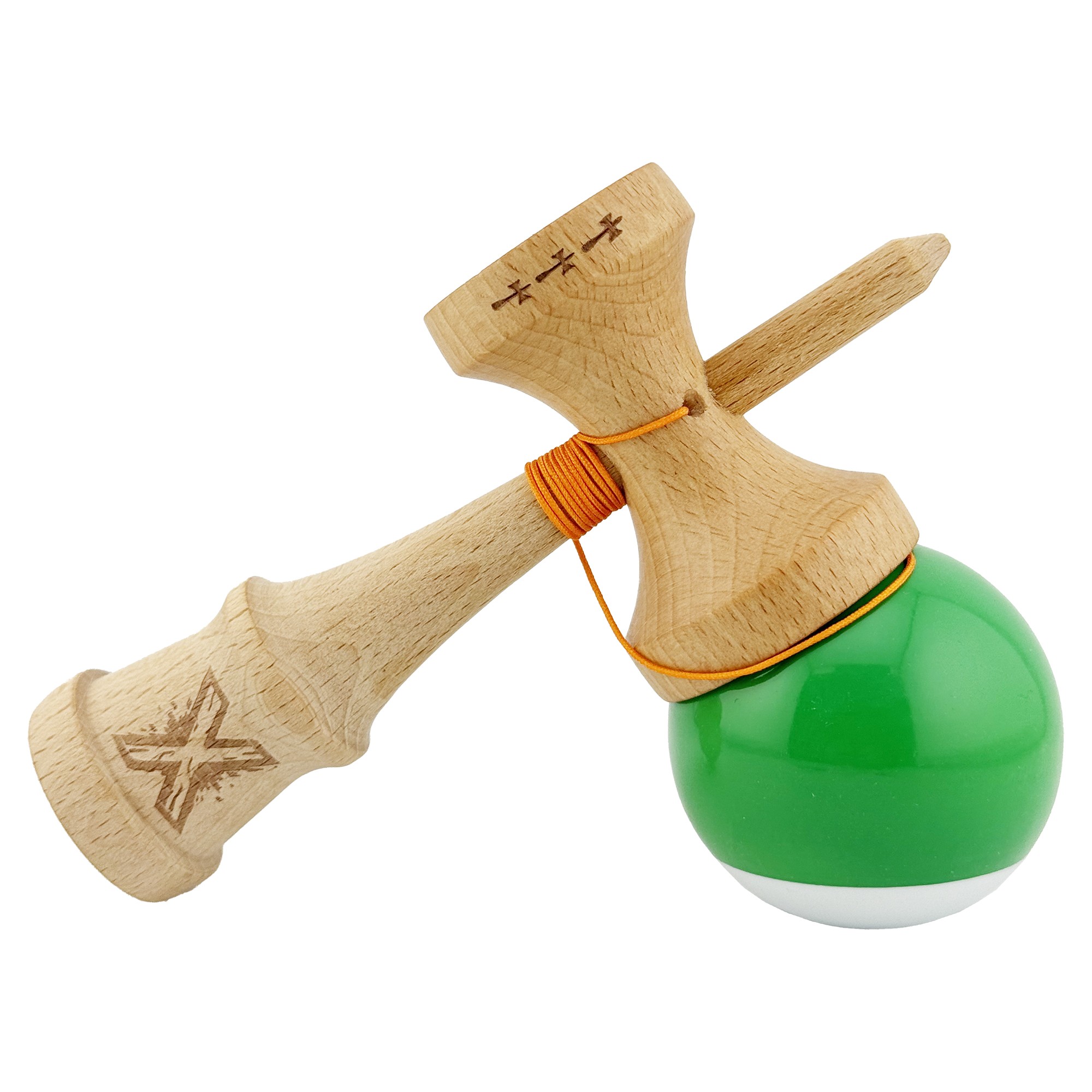 Kendama X Originala, Profesionala, Flippy, Big Cups V2, Super Sticky cu Cupe Mari, din lemn 18 cm, Rulment Metalic cu Ata 55 cm, Verde/Alb
