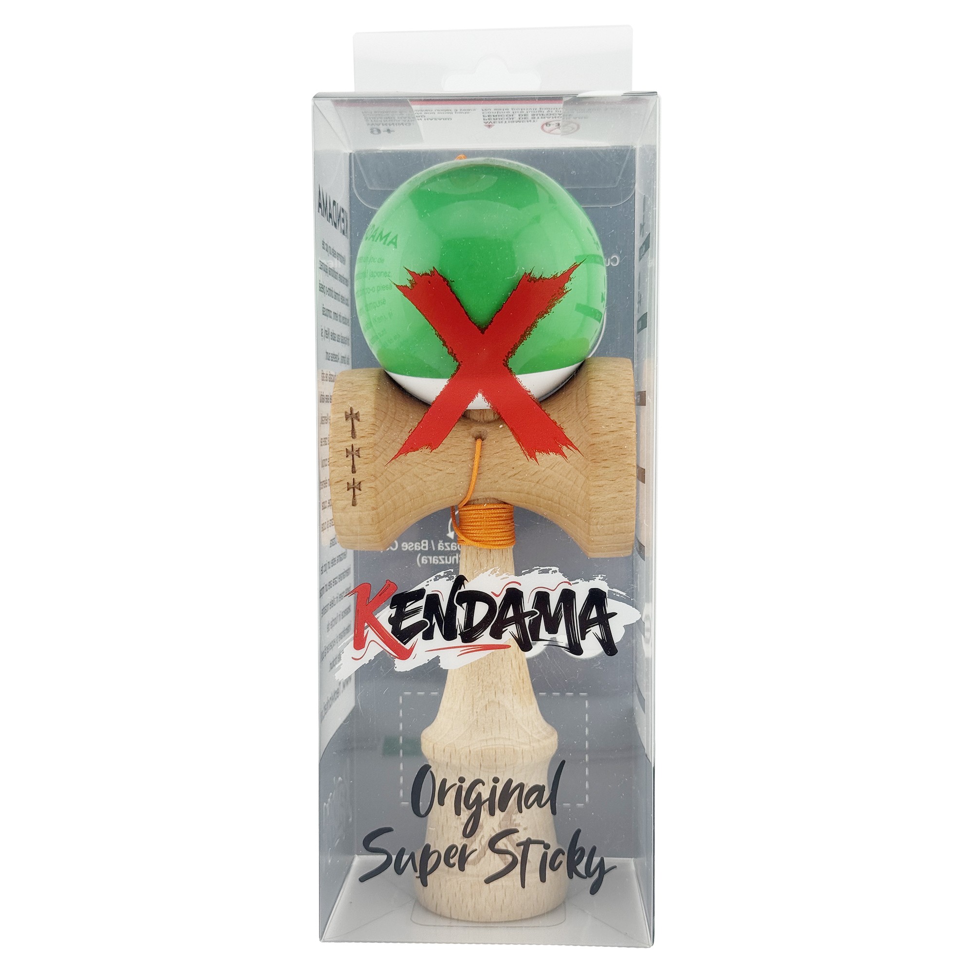 Kendama X Originala, Profesionala, Flippy, Big Cups V2, Super Sticky cu Cupe Mari, din lemn 18 cm, Rulment Metalic cu Ata 55 cm, Verde/Alb