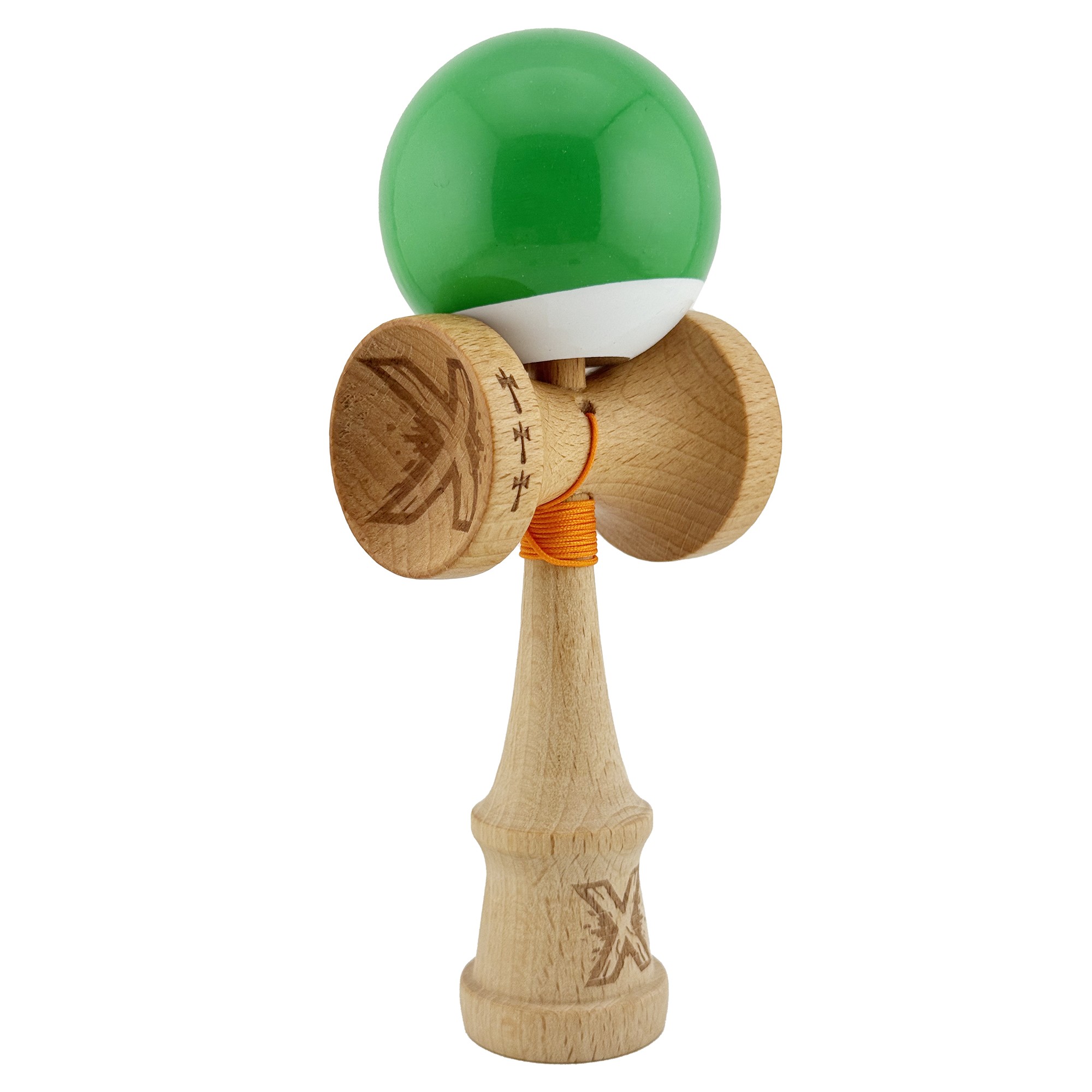 Kendama X Originala, Profesionala, Flippy, Big Cups V2, Super Sticky cu Cupe Mari, din lemn 18 cm, Rulment Metalic cu Ata 55 cm, Verde/Alb
