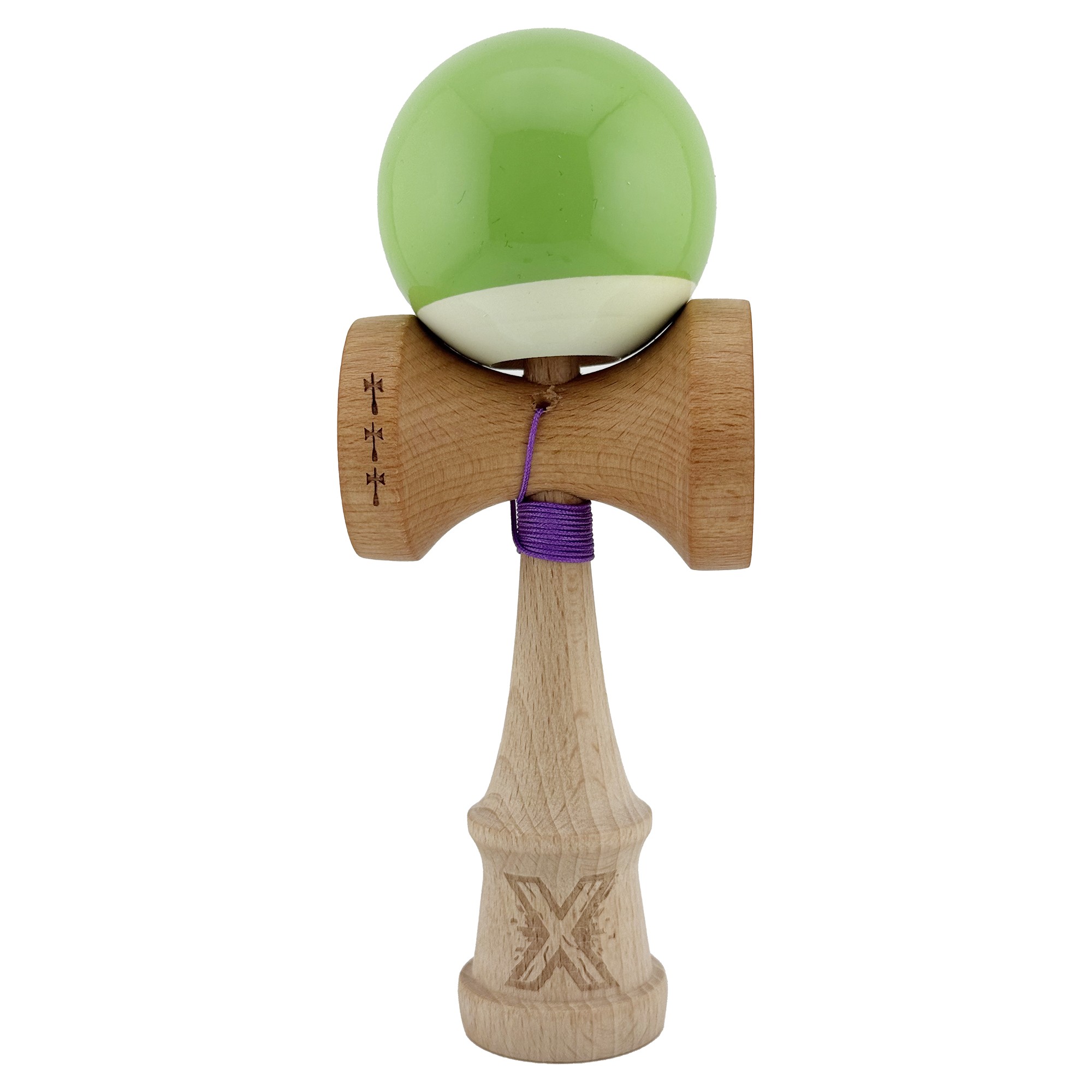 Kendama Super Sticky V2 Cupe Mari - Kendama X Originala, Profesionala, , Big Cups V2, Super Sticky cu Cupe Mari, din lemn 18 cm, Rulment Metalic cu Ata 55 cm, Verde deschis/Alb