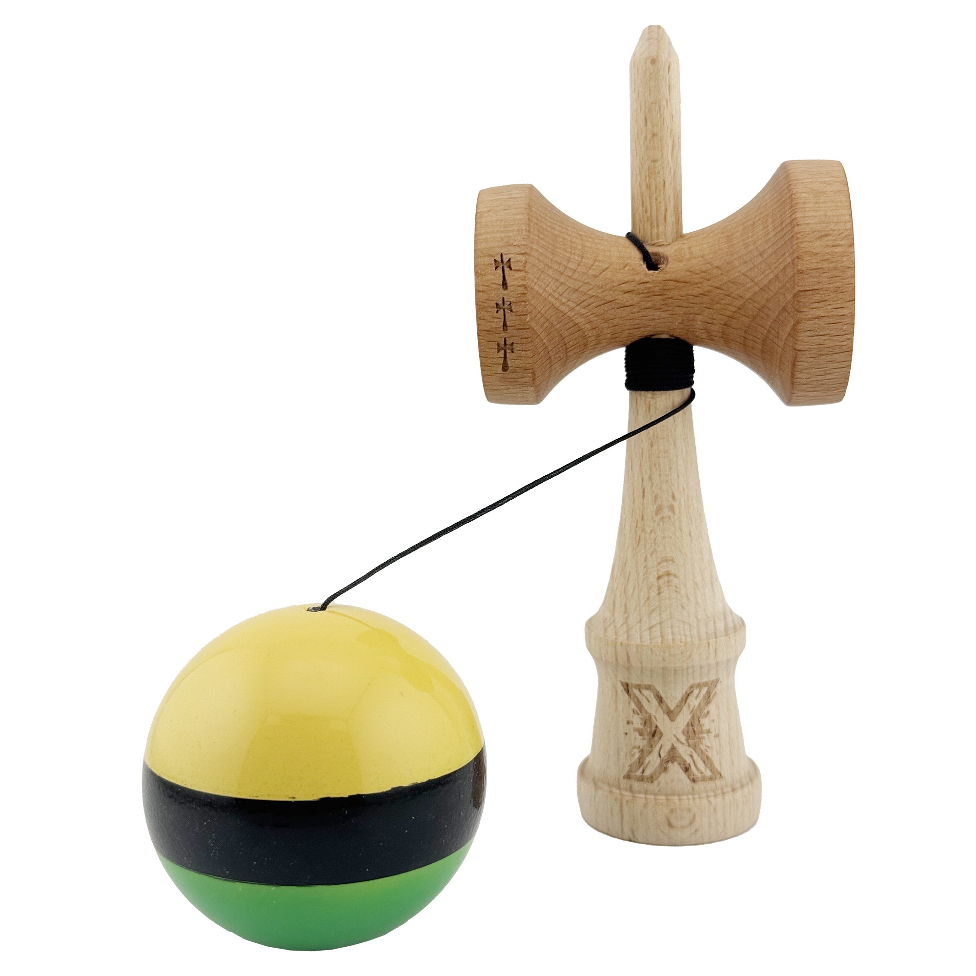 Kendama X Originala, Profesionala, Flippy, Big Cups V2, Super Sticky cu Cupe Mari, din lemn 18 cm, Rulment Metalic cu Ata 55 cm, Galben/Negru/Verde