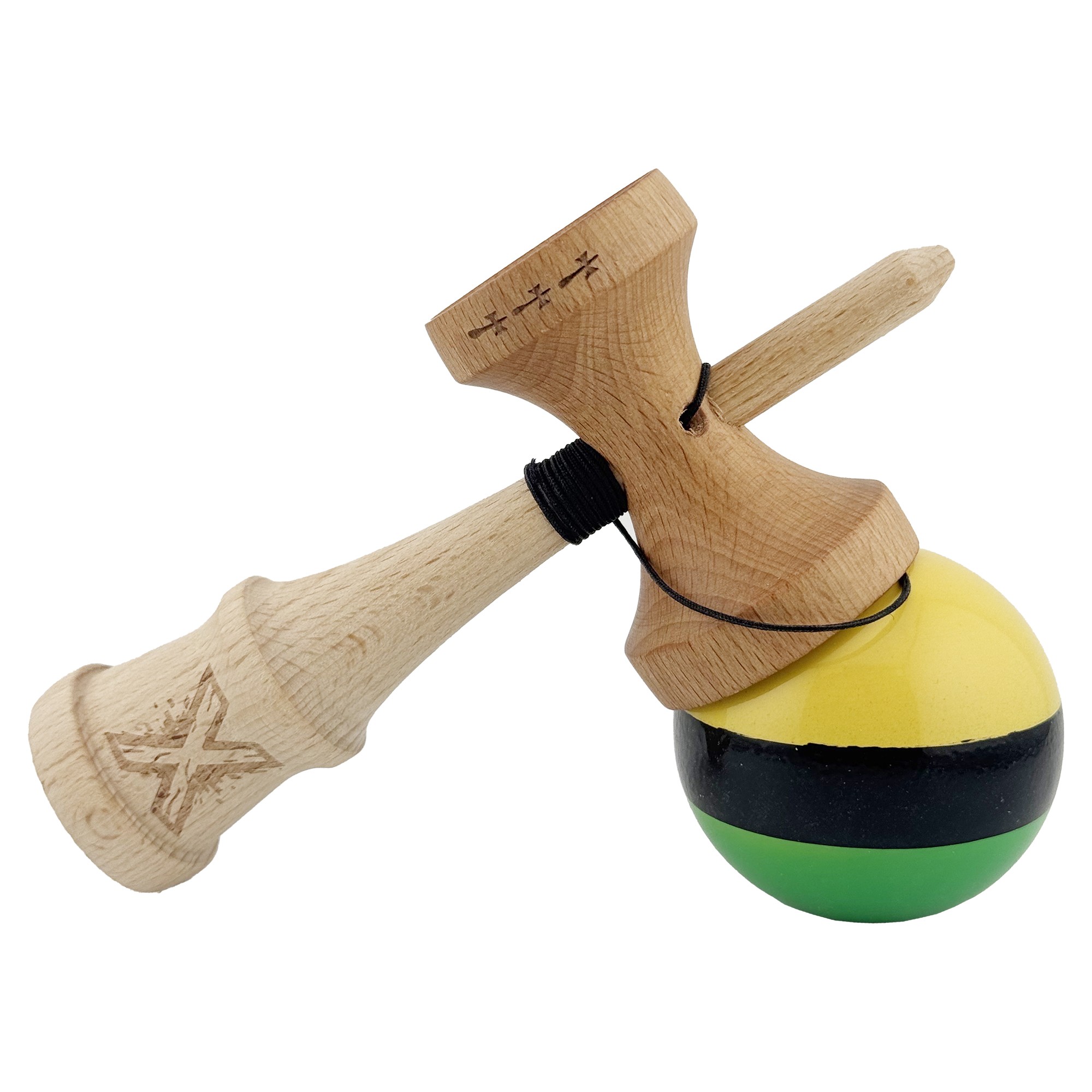 Kendama X Originala, Profesionala, Flippy, Big Cups V2, Super Sticky cu Cupe Mari, din lemn 18 cm, Rulment Metalic cu Ata 55 cm, Galben/Negru/Verde