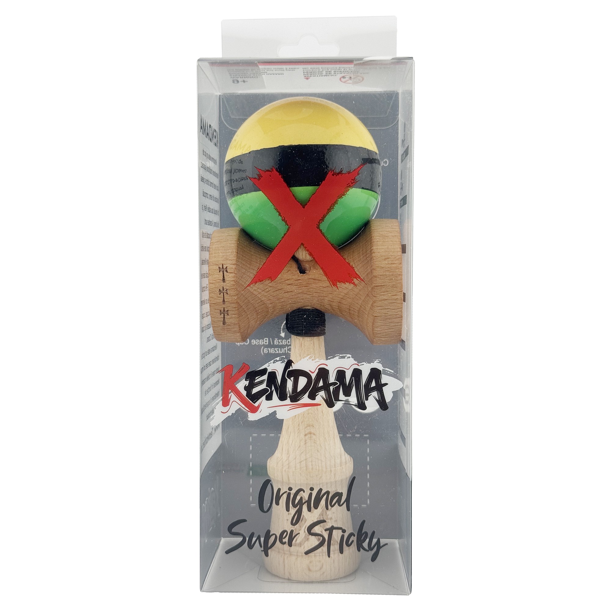 Kendama X Originala, Profesionala, Flippy, Big Cups V2, Super Sticky cu Cupe Mari, din lemn 18 cm, Rulment Metalic cu Ata 55 cm, Galben/Negru/Verde