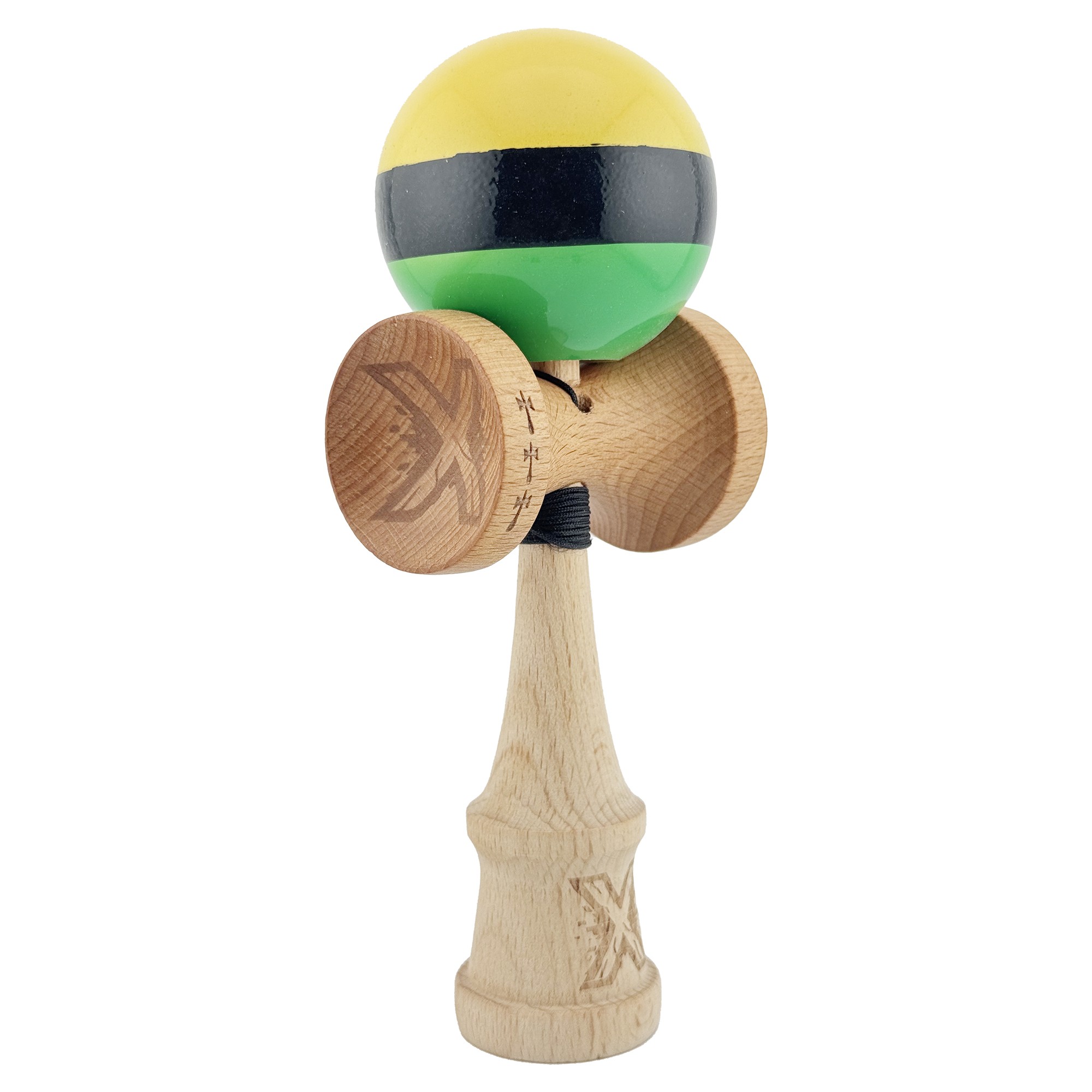 Kendama X Originala, Profesionala, Flippy, Big Cups V2, Super Sticky cu Cupe Mari, din lemn 18 cm, Rulment Metalic cu Ata 55 cm, Galben/Negru/Verde