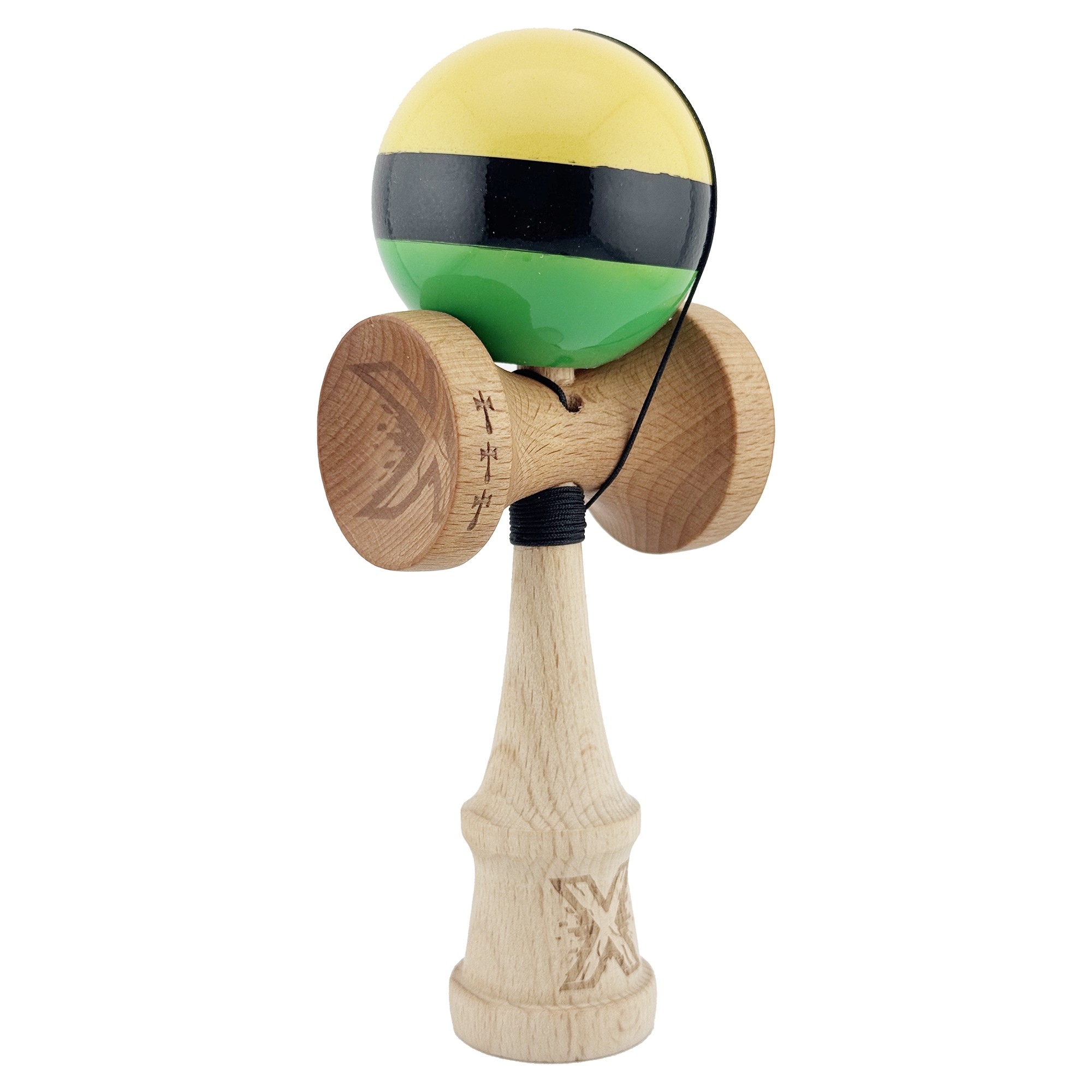 Kendama X Originala, Profesionala, Flippy, Big Cups V2, Super Sticky cu Cupe Mari, Rulment Metalic, din lemn 18 cm, Ata 55 cm, Galben/Negru/Verde