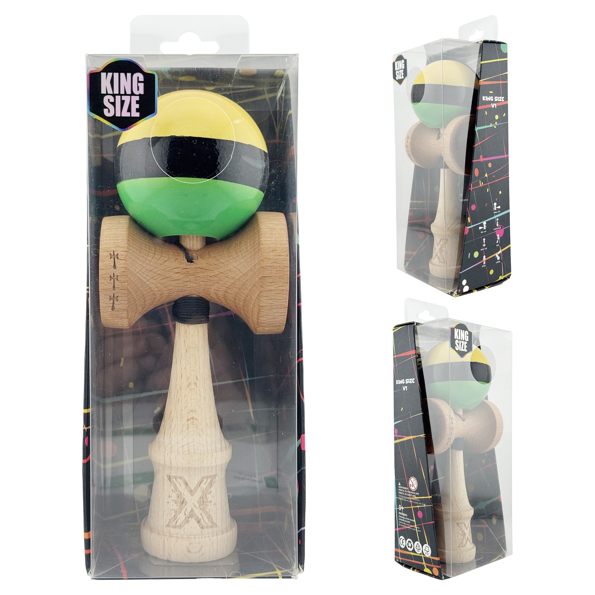 Kendama X Originala, Profesionala, Flippy, Big Cups V2, Super Sticky cu Cupe Mari, Rulment Metalic, din lemn 18 cm, Ata 55 cm, Galben/Negru/Verde