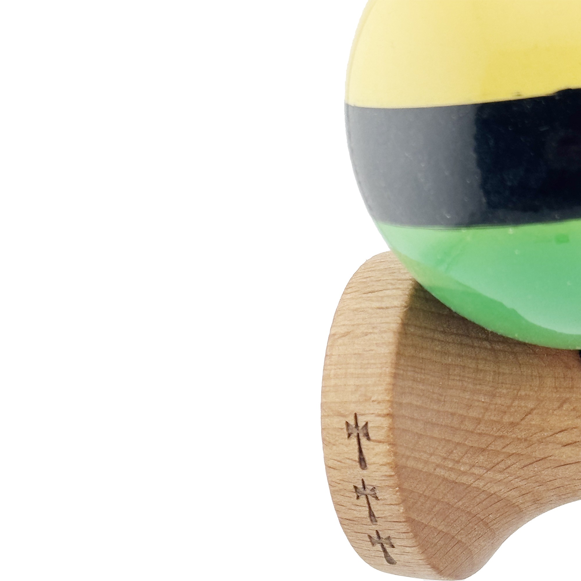 Kendama X Originala, Profesionala, Flippy, Big Cups V2, Super Sticky cu Cupe Mari, Rulment Metalic, din lemn 18 cm, Ata 55 cm, Galben/Negru/Verde
