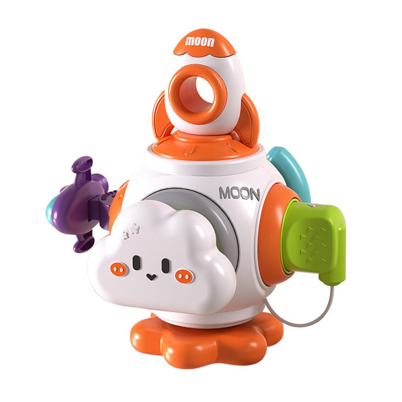 Jucarii educative - Jucarie interactiva Montessori, Flippy, Jucarie pentru Bebelusi, Model Racheta Spatiala, din Plastic rezistent, Varsta 18+ luni, 15 x 13 x 12 cm, Alb/Portocaliu