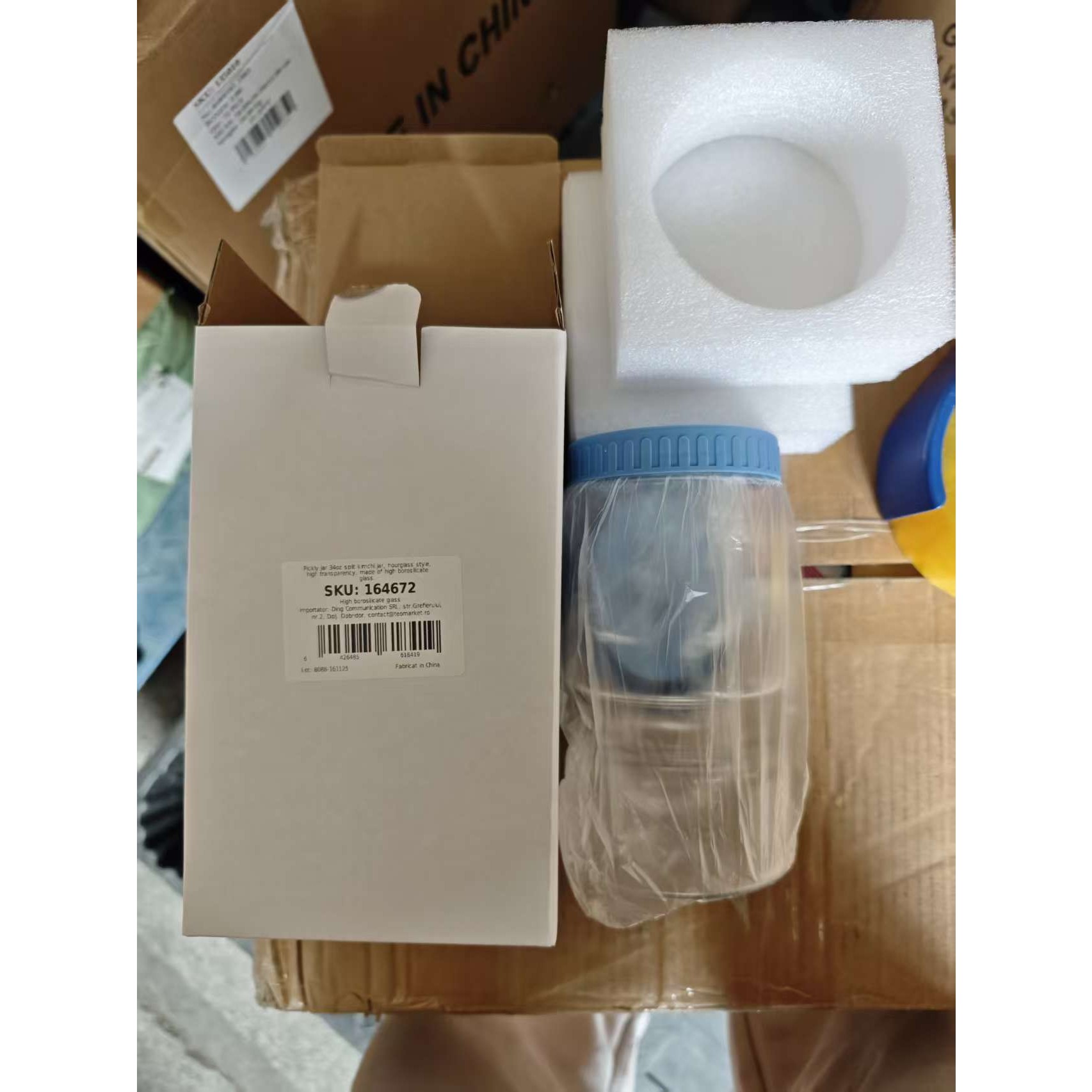 Pentru casa - Borcan de Muraturi, Flippy, Borcan cu Separator Divizat de 34oz pentru Lichide, Ermetic, Termorezistent, Tip Clepsidra, 800 ml, 21 x 11 x 11 cm, Capac Albastru