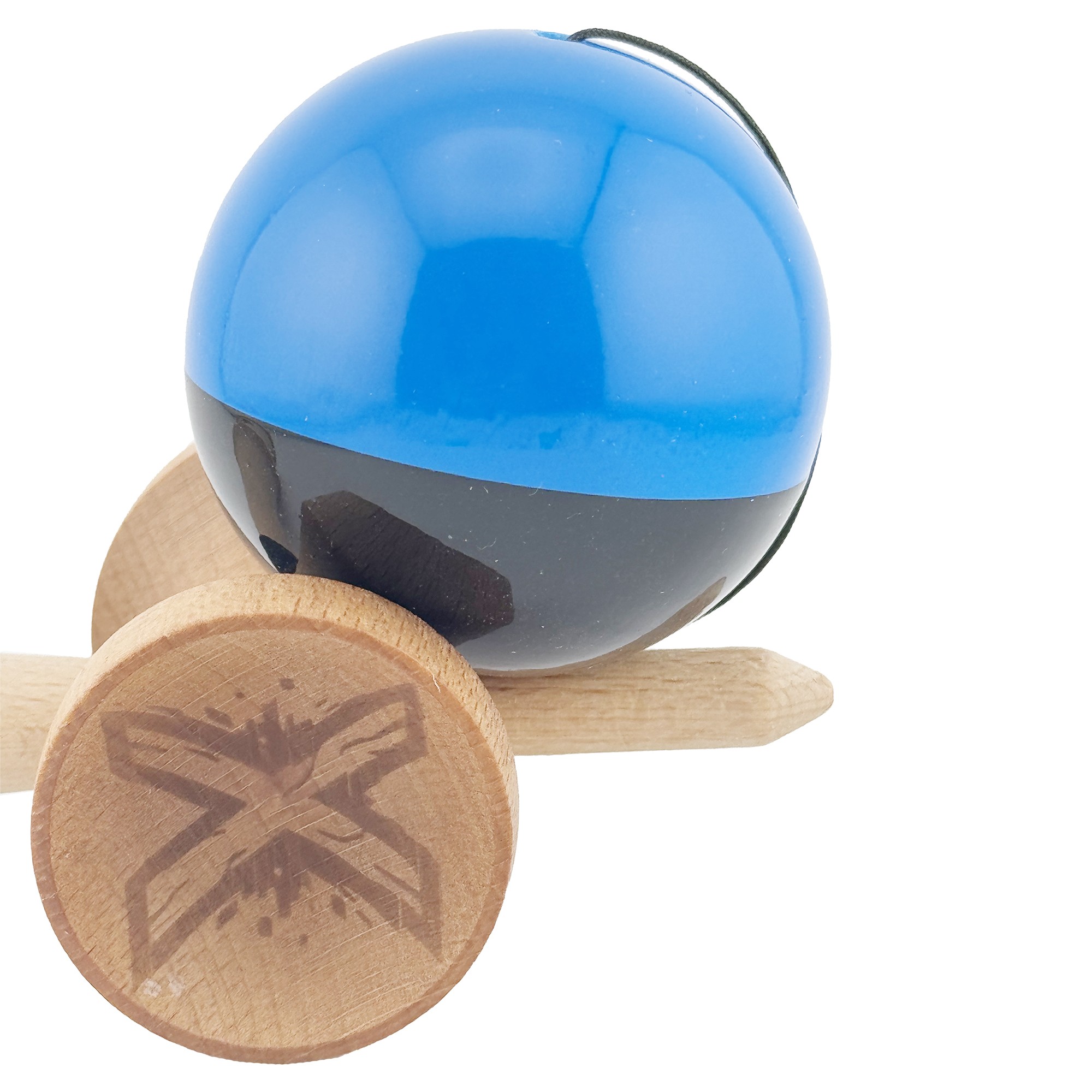 Kendama X Originala, Profesionala, Flippy, Big Cups V2, Super Sticky cu Cupe Mari, Rulment Metalic, din lemn 18 cm, Ata 55 cm, Albastru/Negru