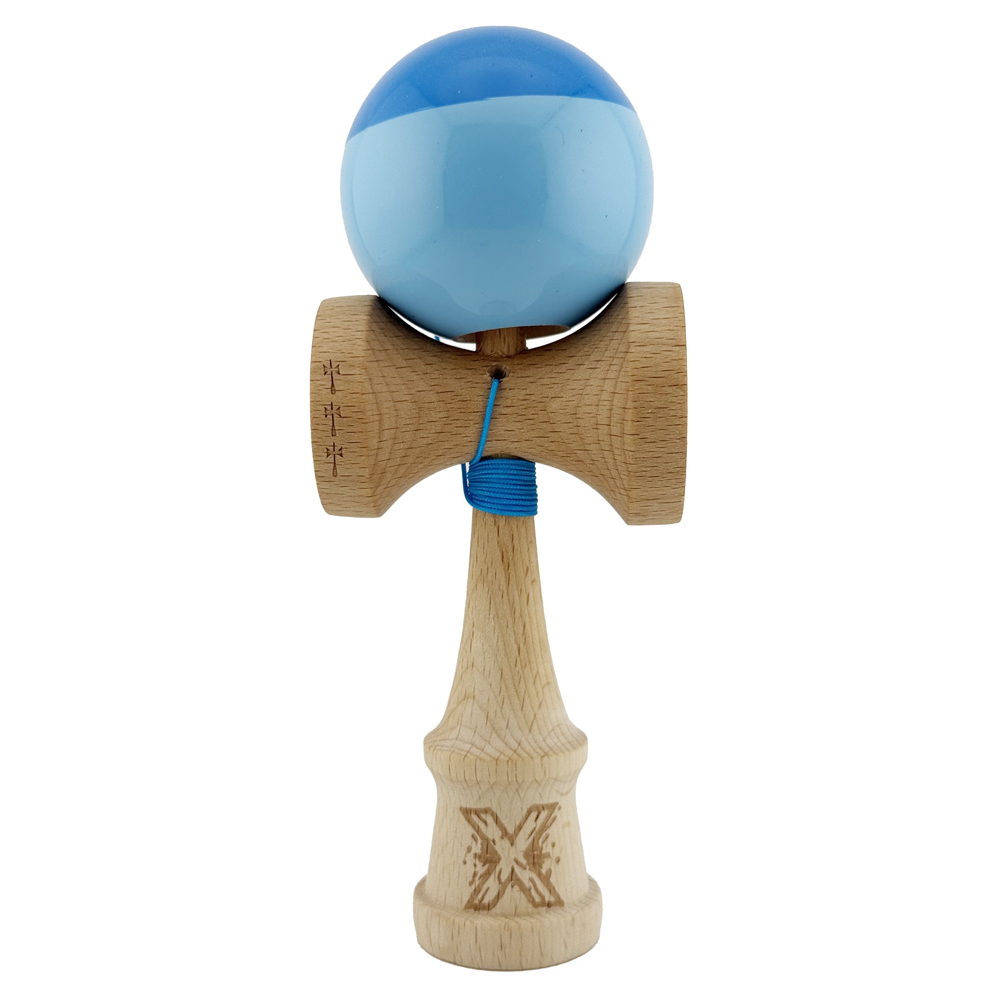 Kendama X Originala, Profesionala, Flippy, Big Cups V2, Super Sticky cu Cupe Mari, Rulment Metalic, din lemn 18 cm, Ata 55 cm, Albastru/Bleu