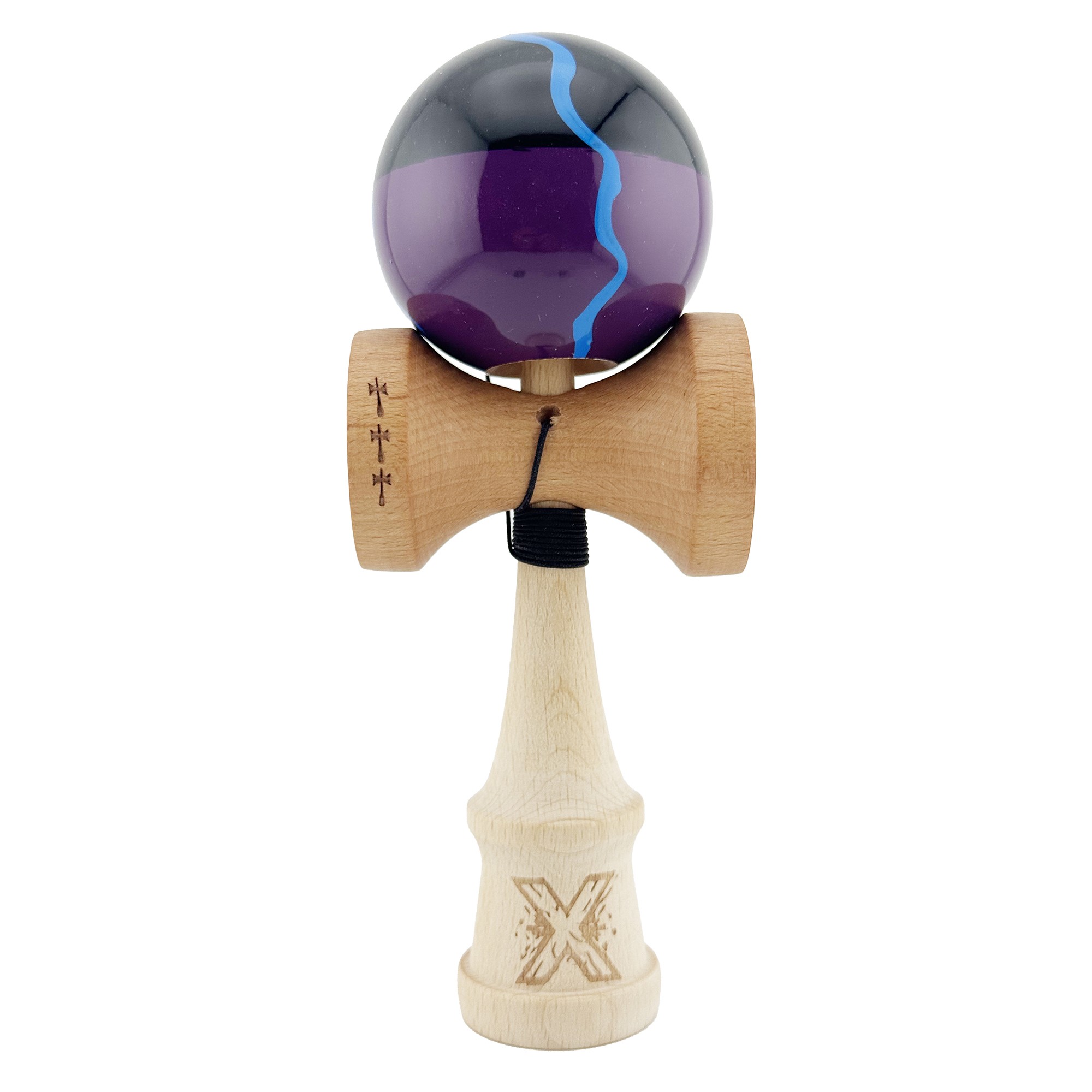 Kendama Super Sticky V2 Cupe Mari - Kendama X Originala, Profesionala, , Big Cups V2, Super Sticky cu Cupe Mari, Rulment Metalic, din lemn 18 cm, Ata 55 cm, Negru/Mov