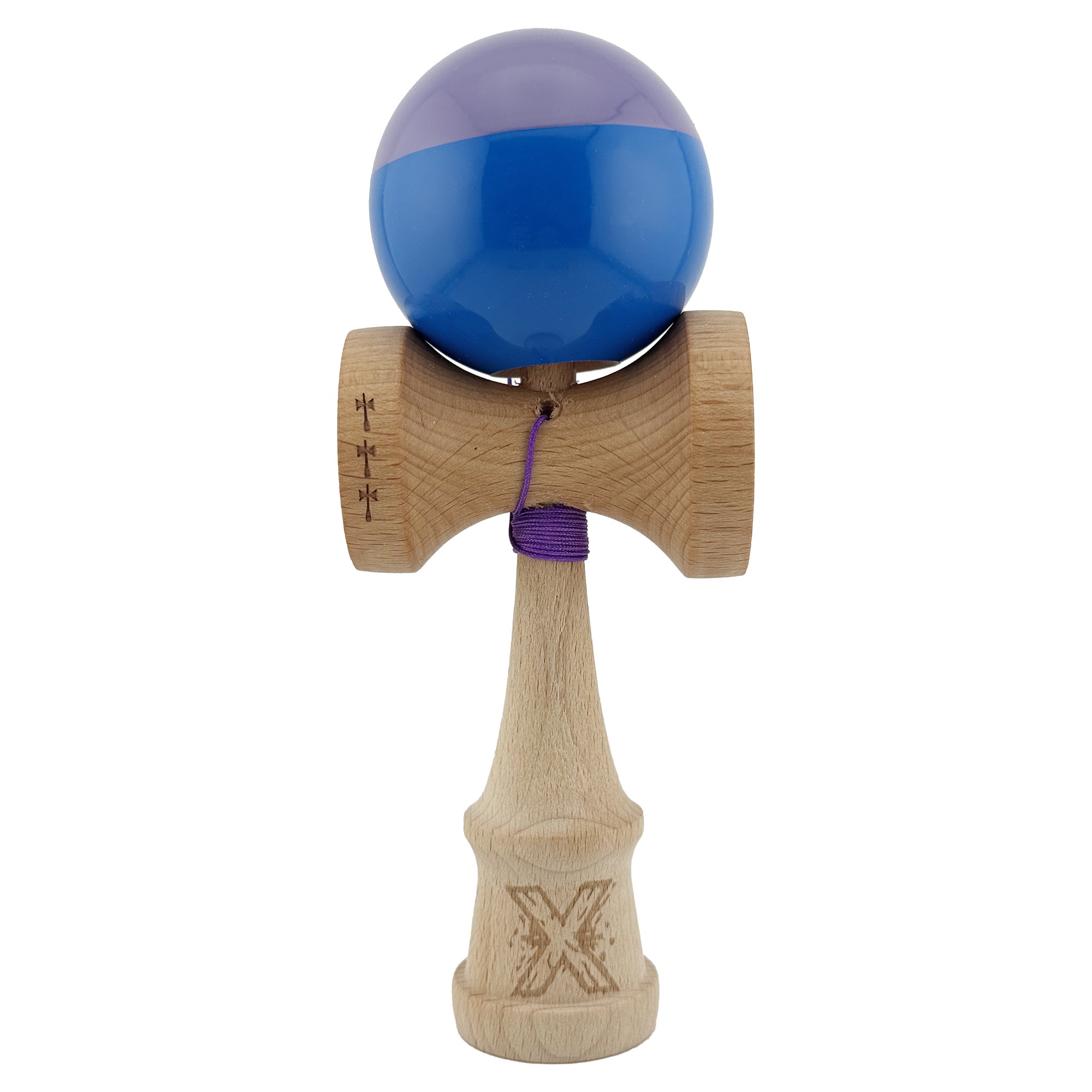 Kendama Super Sticky V2 Cupe Mari - Kendama X Originala, Profesionala, , Big Cups V2, Super Sticky cu Cupe Mari, Rulment Metalic, din lemn 18 cm, Ata 55 cm, Mov/Albastru
