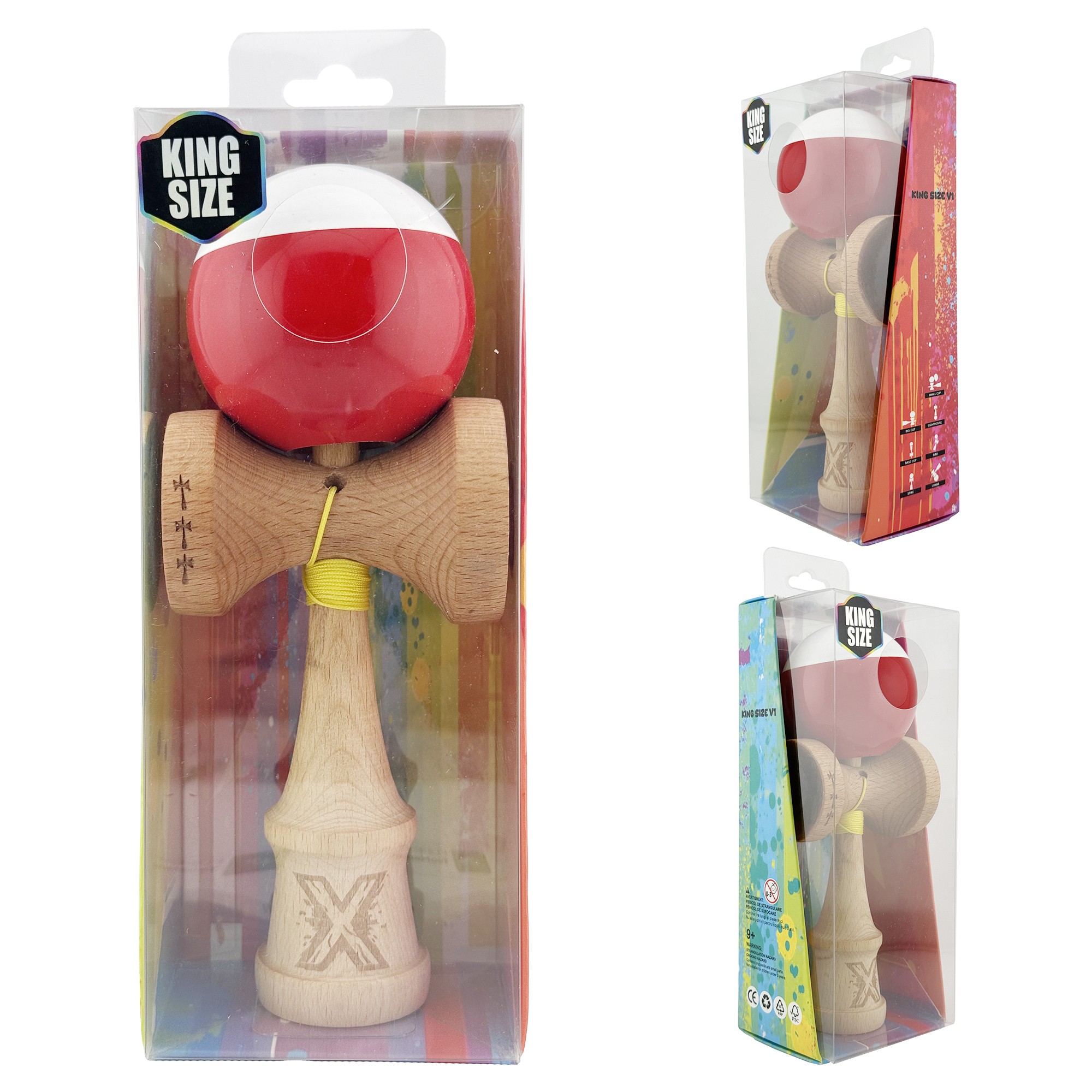 Kendama X Originala, Profesionala, Flippy, Big Cups V2, Super Sticky cu Cupe Mari, Rulment Metalic, din lemn 18 cm, Ata 55 cm, Alb/Rosu