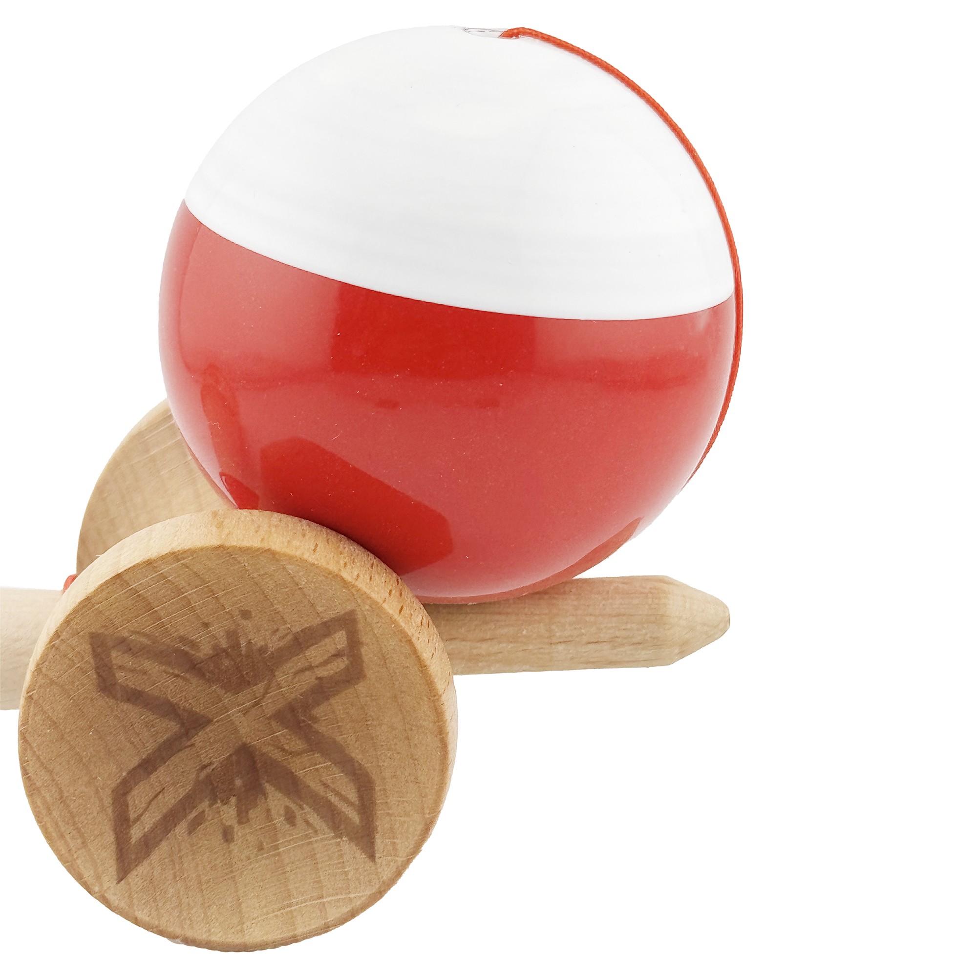 Kendama X Originala, Profesionala, Flippy, Big Cups V2, Super Sticky cu Cupe Mari, Rulment Metalic, din lemn 18 cm, Ata 55 cm, Alb/Rosu