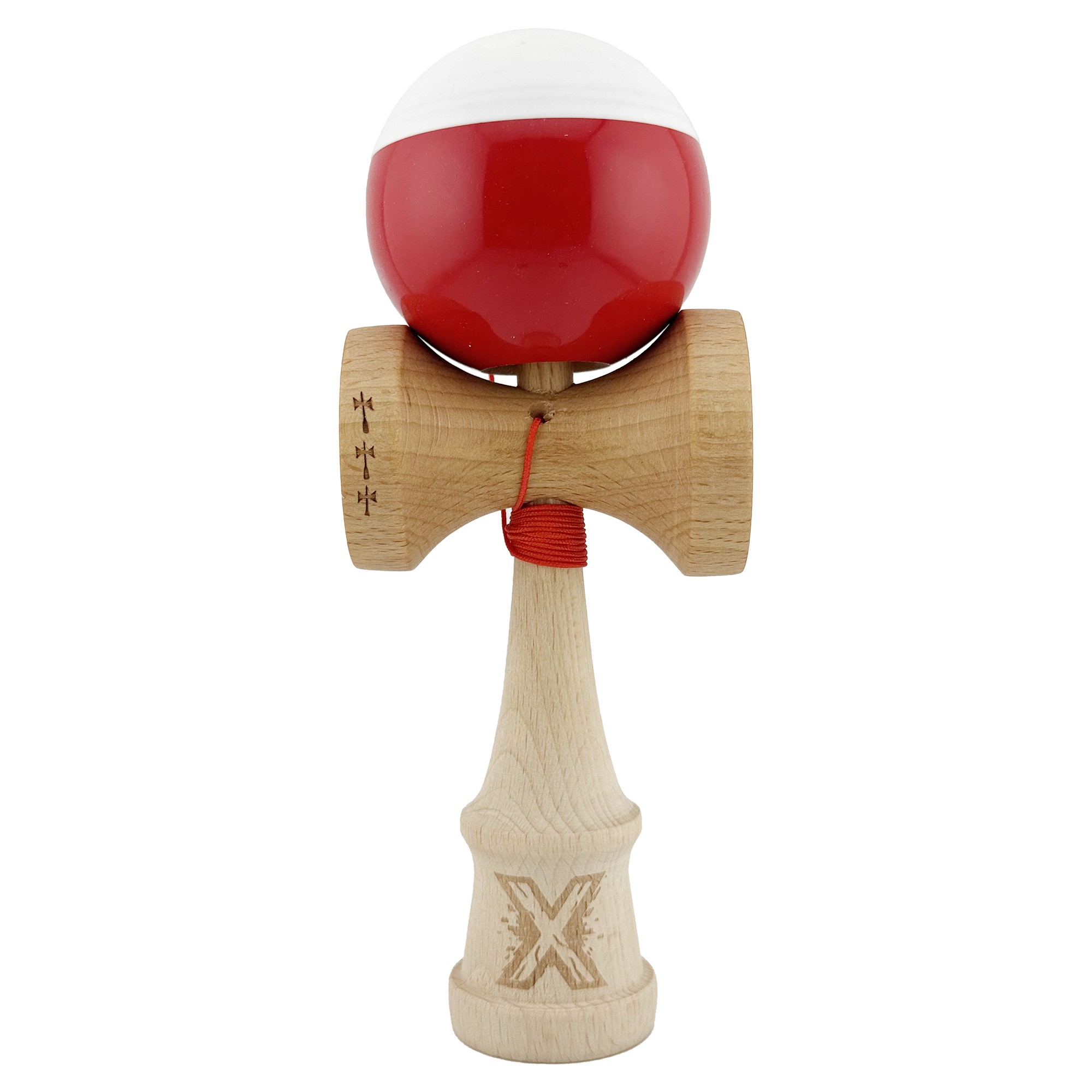 Kendama X Originala, Profesionala, Flippy, Big Cups V2, Super Sticky cu Cupe Mari, Rulment Metalic, din lemn 18 cm, Ata 55 cm, Alb/Rosu