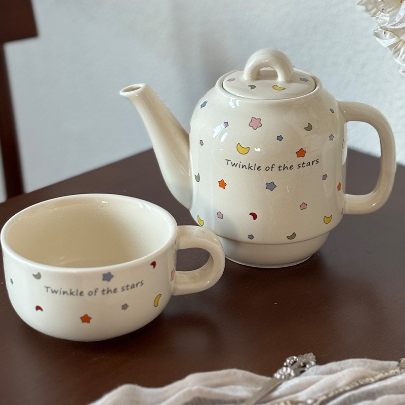 Set de Ceai, Flippy, Ceainic cu Ceasca pentru Uz Casnic, Stele cu Luna, Set de Ceai pentru Copii, Adulti, 18 x 17 x 13 cm, Alb Crem